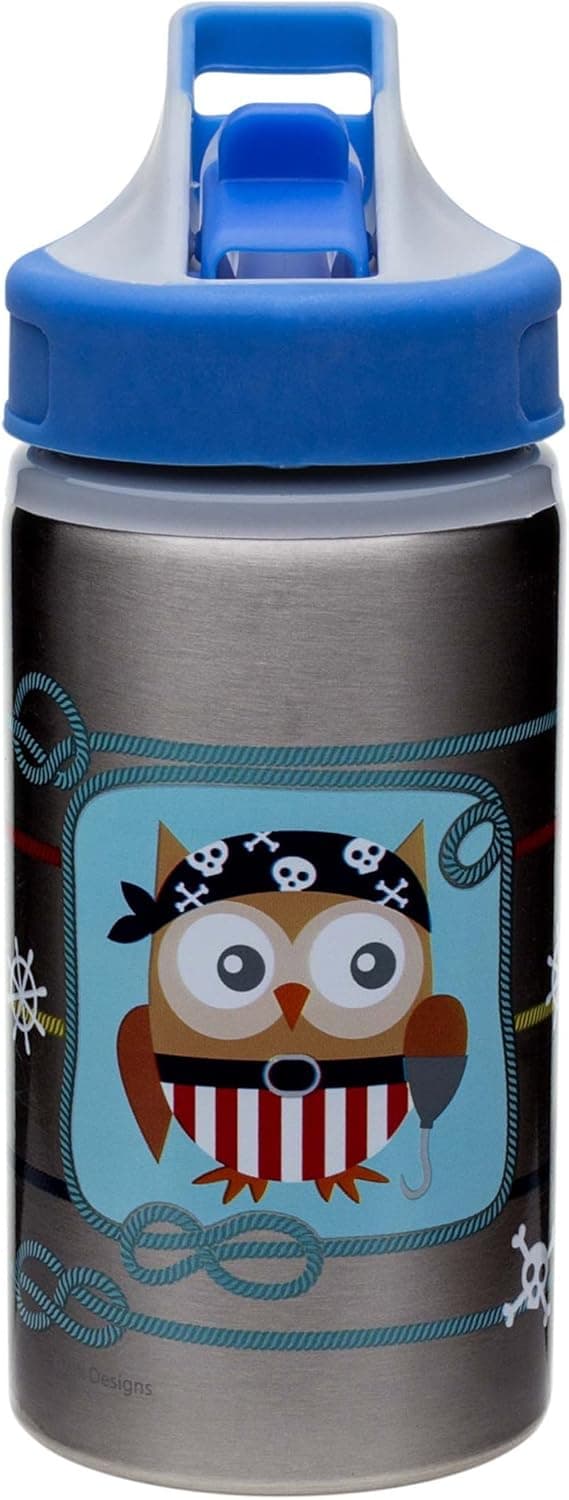Zak Designs Toddlerific Stainless Steel Water Pirate Owl Graphics Sports Bottle, 15.5 oz