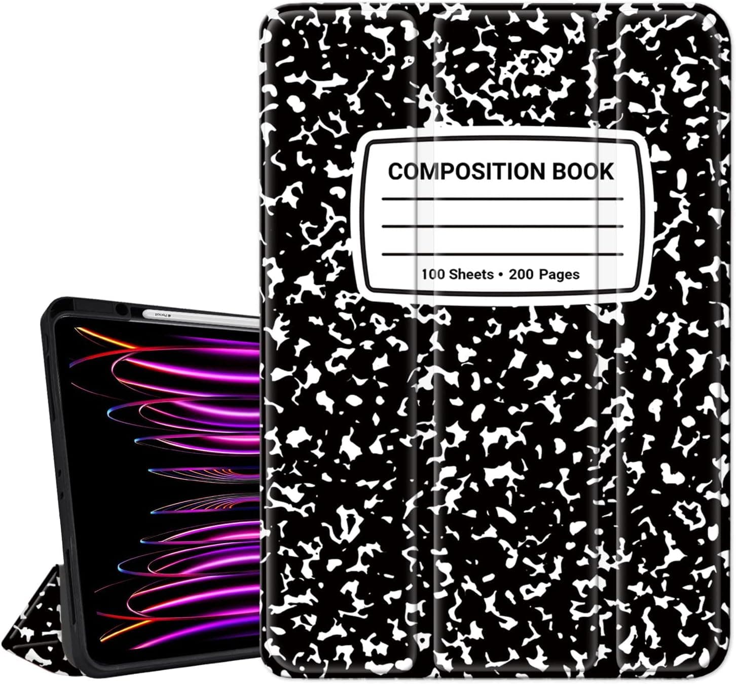 Hi Space iPad Pro 11 Case Notebook with Pencil Holder 2022 2021 2020 2018 iPad 11 Pro Case Black Composition Book Cover Auto Sleep Wake for iPad Pro 11 4th/3rd/2nd/1st Gen