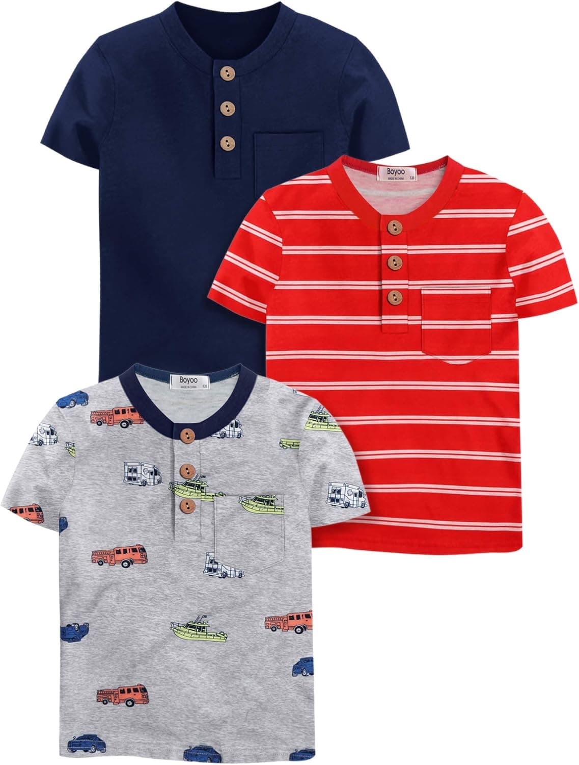 Boyoo Boys' 2~3 Pack Short Sleeve Henley Shirt Graphic Crewneck Cotton T Shirt
