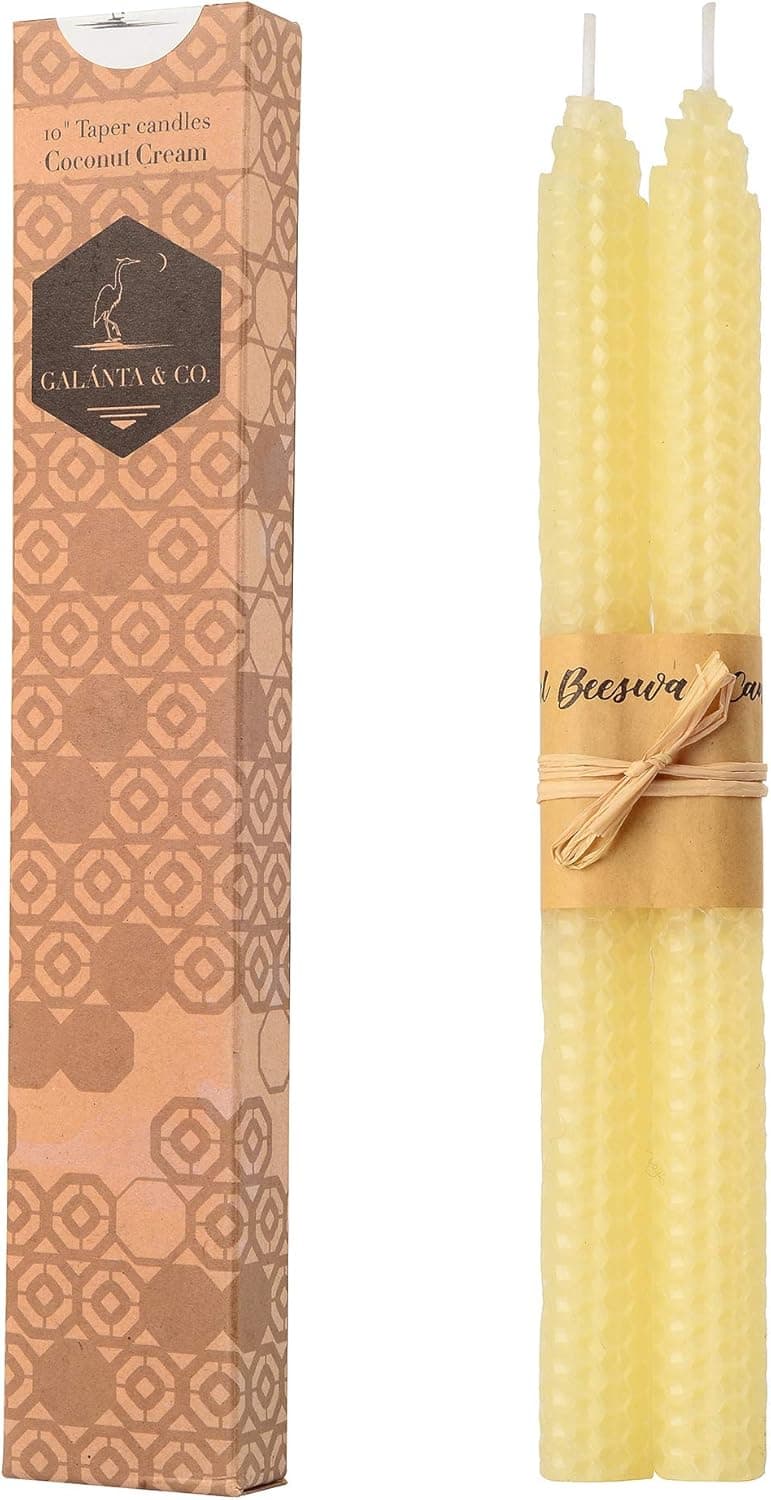 100% Pure Beeswax Handmade Taper Candles (Coconut Cream) - 10 Inch Smokeless Dripless Pair - Natural Subtle Honey Smell - Elegant Honeycomb Design — by Galánta & Co.
