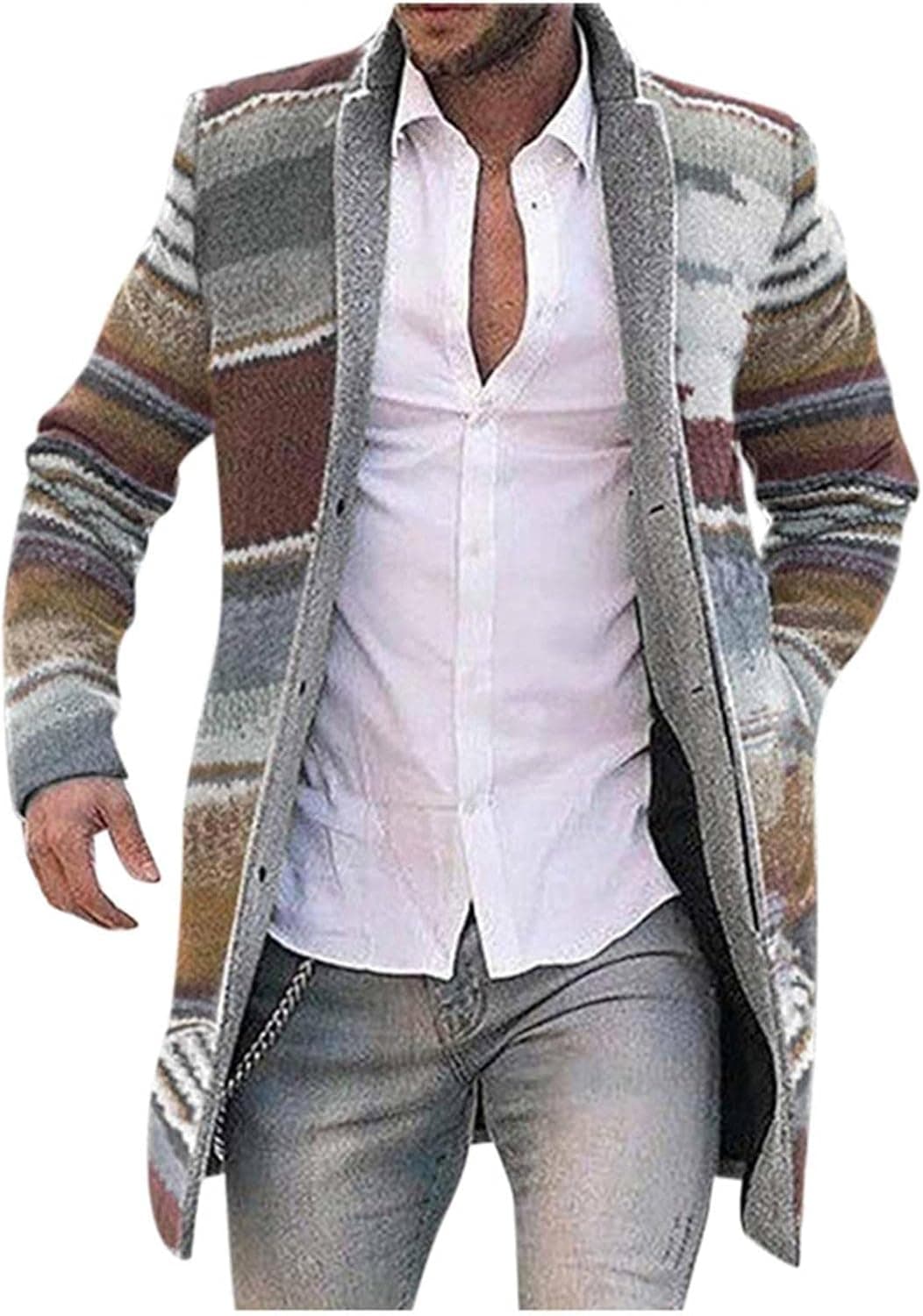 Mens Cardigan Mid Long jacket Coat Casual Long sleeve Prints Big and Tall Outwear Windbreaker Trench Coats Pocket