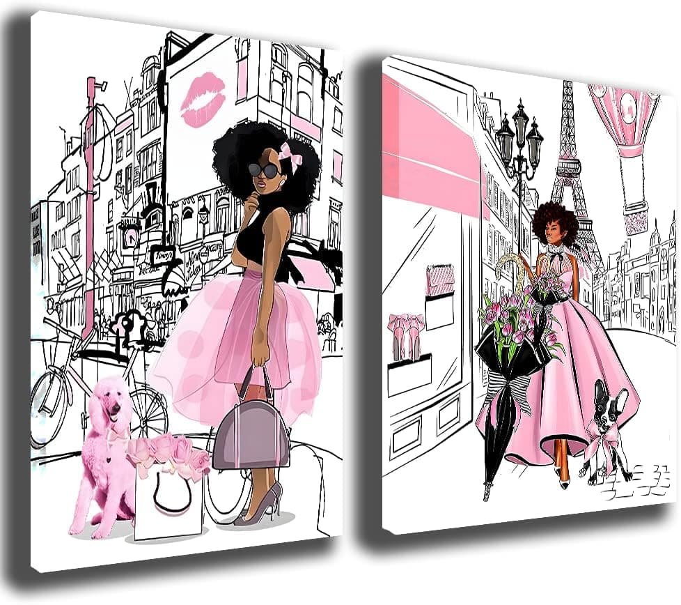 Black Girl African American Wall Art Decor Women Pink And Grey Abstract Canvas Paintings Pictures Posters Prints Bathroom Artwork For Wall Bedroom frameless (pink wall art, 16x24in (40x60cm))