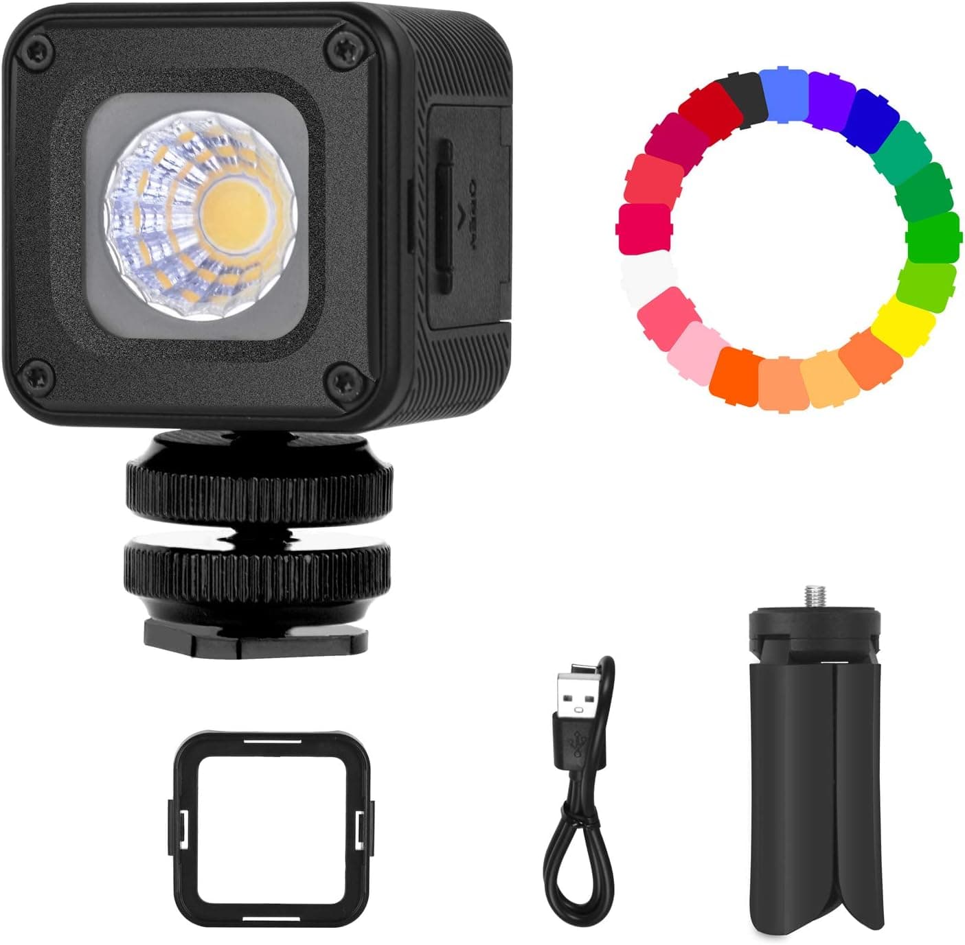 Emart Mini LED Waterproof Portable Video Lighting with 20 Color Gel Filters and Tripod Stand, Dimmable Fill Light on Camera for Smartphone, Drone Photography, Gopro, Osmo Pocket Osmo Action, DSLR