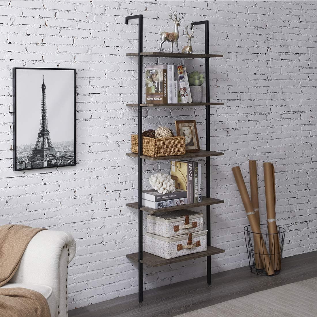 PRAISUN Ladder Bookshelf, 5-Tier Industrial Shelf Against The Wall, 72 in Opening Display Bookcase for Living Room, Free Standing Plant Rack, Storage Shelving for Kitchen, Vintage