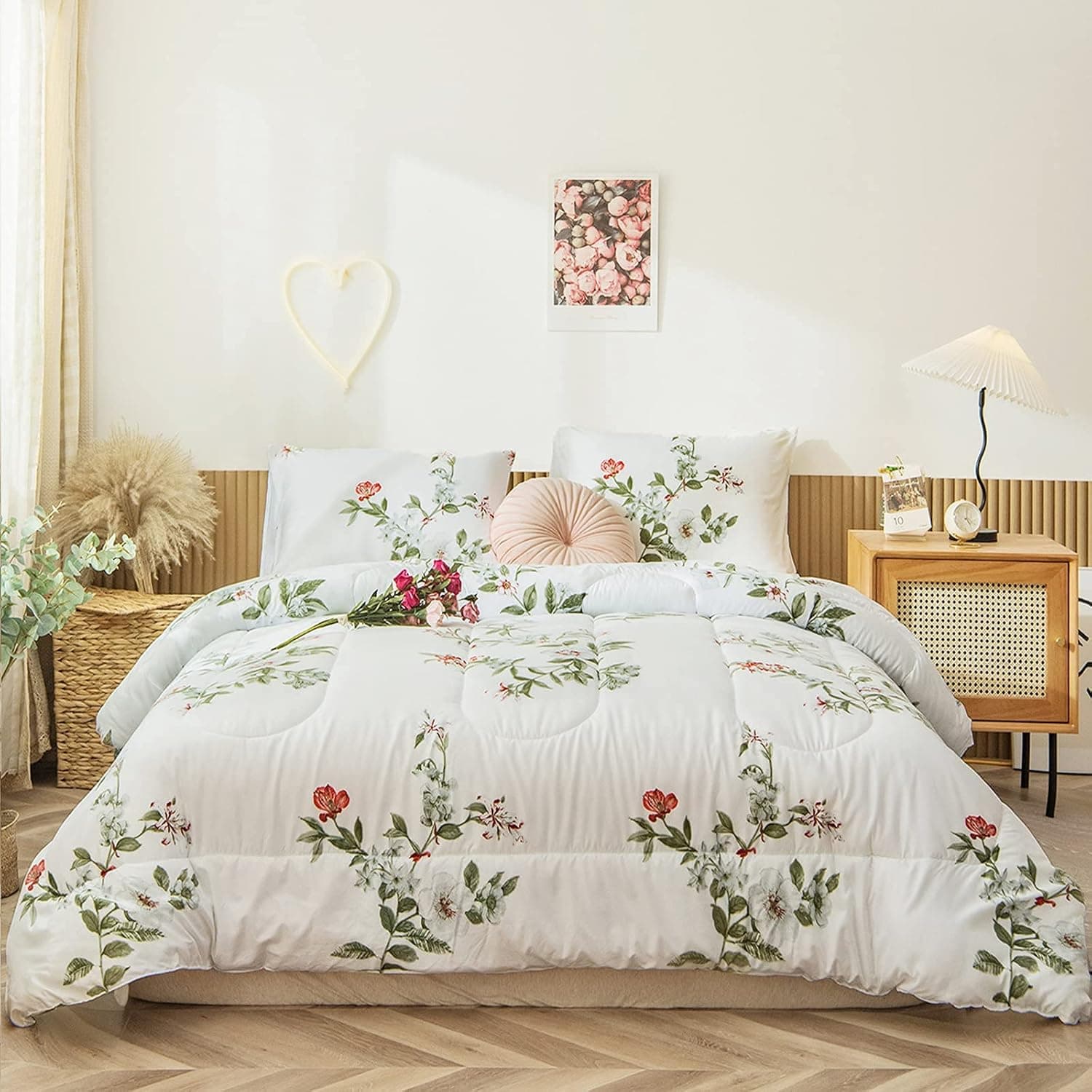 Bedbay Botanical Flowers Comforter Set ,King Size Bedding Set,Green Leaves and Pink Flowers Printed Garden Comforter 3 Pieces with 2 Pillowcases(Flowers, King)