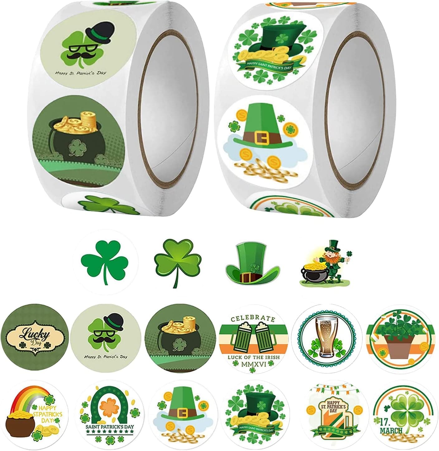 1000PCS St. Patrick's Stickers 1.5 Inch, 16 Designs Lucky Shamrock Clover Hat Irish Day Themed Party Decor Sticker Rolls, Teacher Reward Stickers Kids Self-Adhesive Seals Labels Gifts Cards Envelopes