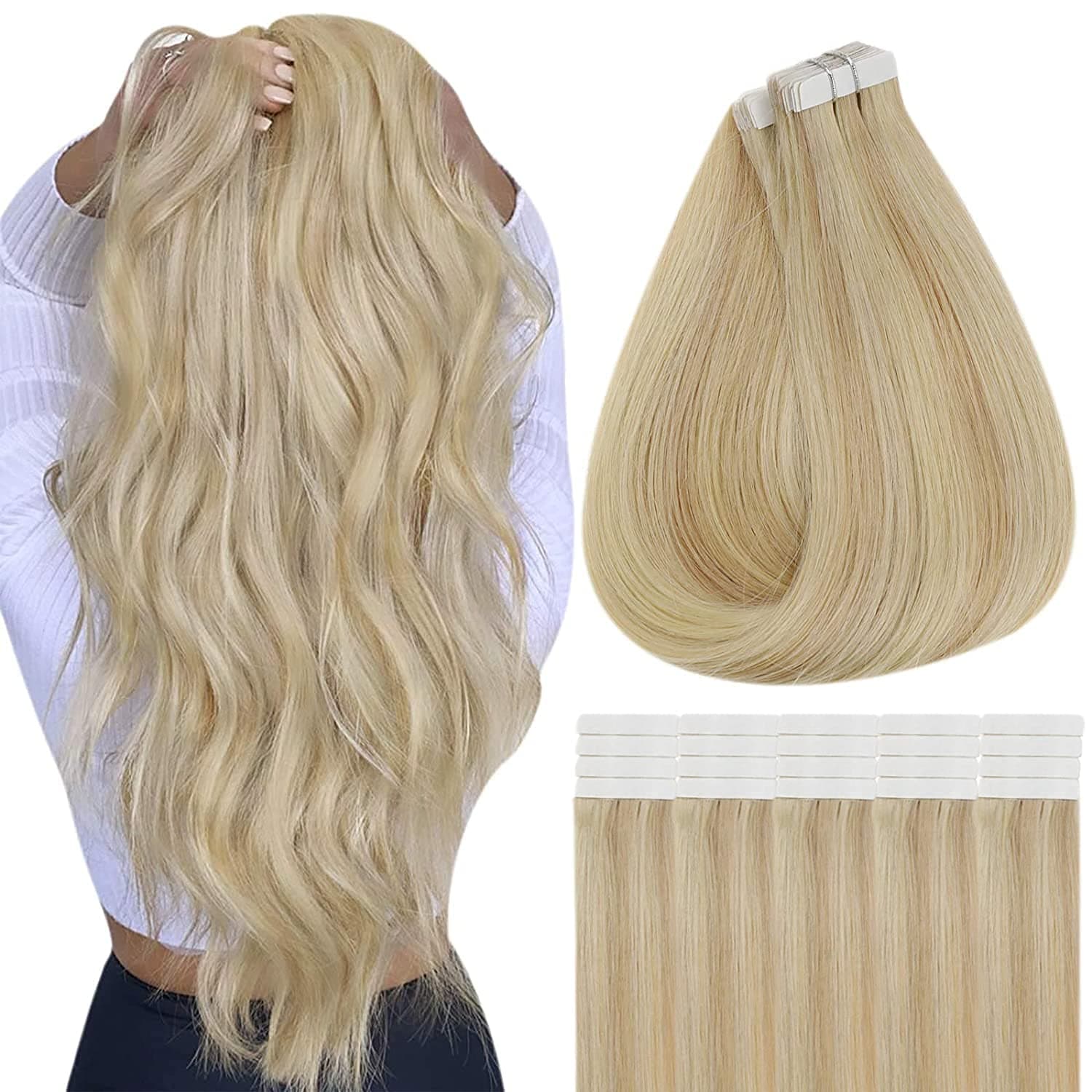 Fshine Hair Extensions Tape in Human Hair 18 Inch Color 18 Ash Blonde Highlight 24 Light Blonde and 60 Platinum Blonde Tape in Extensions Glue in Hair Extensions 20 Pcs 50 Gram