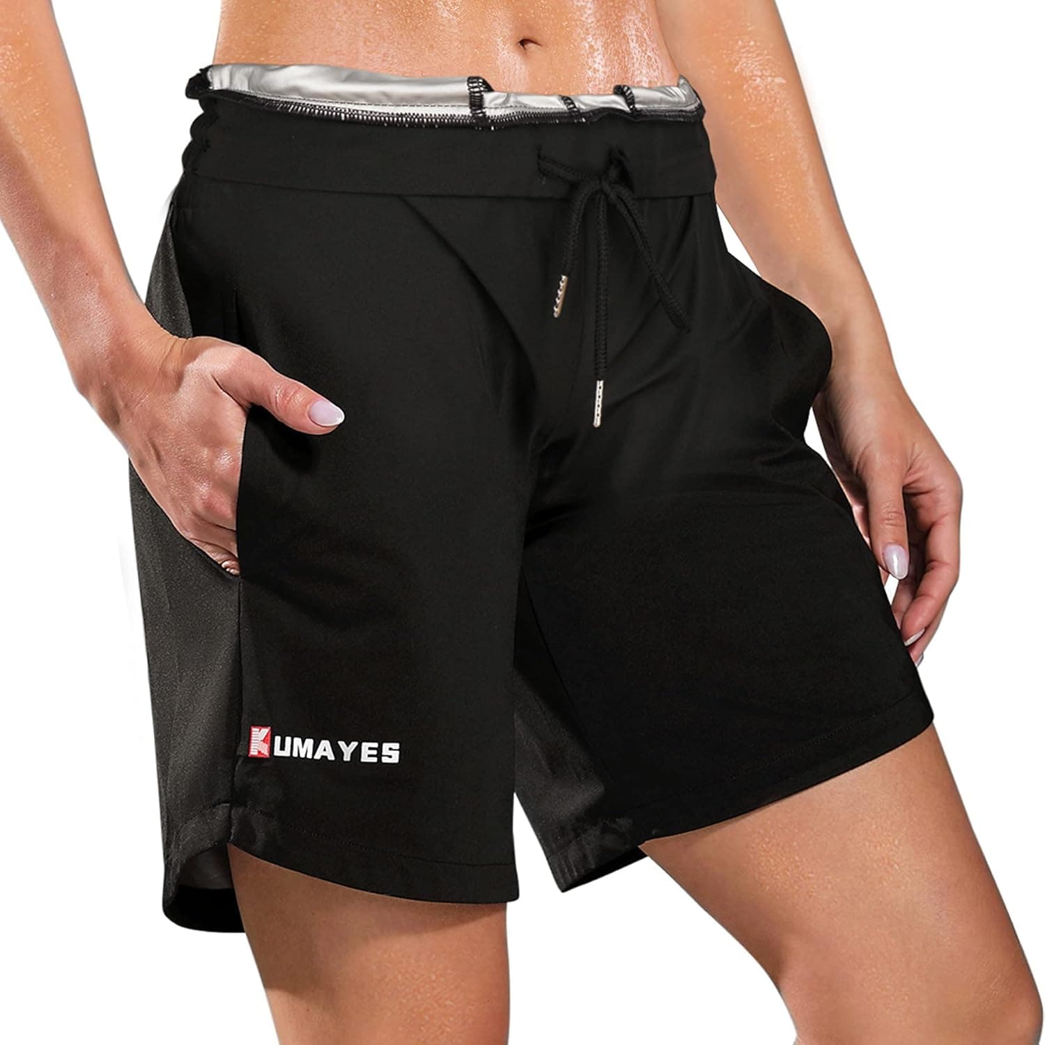 KUMAYES Women Sauna Shorts Sweat Pants Workout Shorts Athletic Fitness Running Sport Drawstring Training Pants