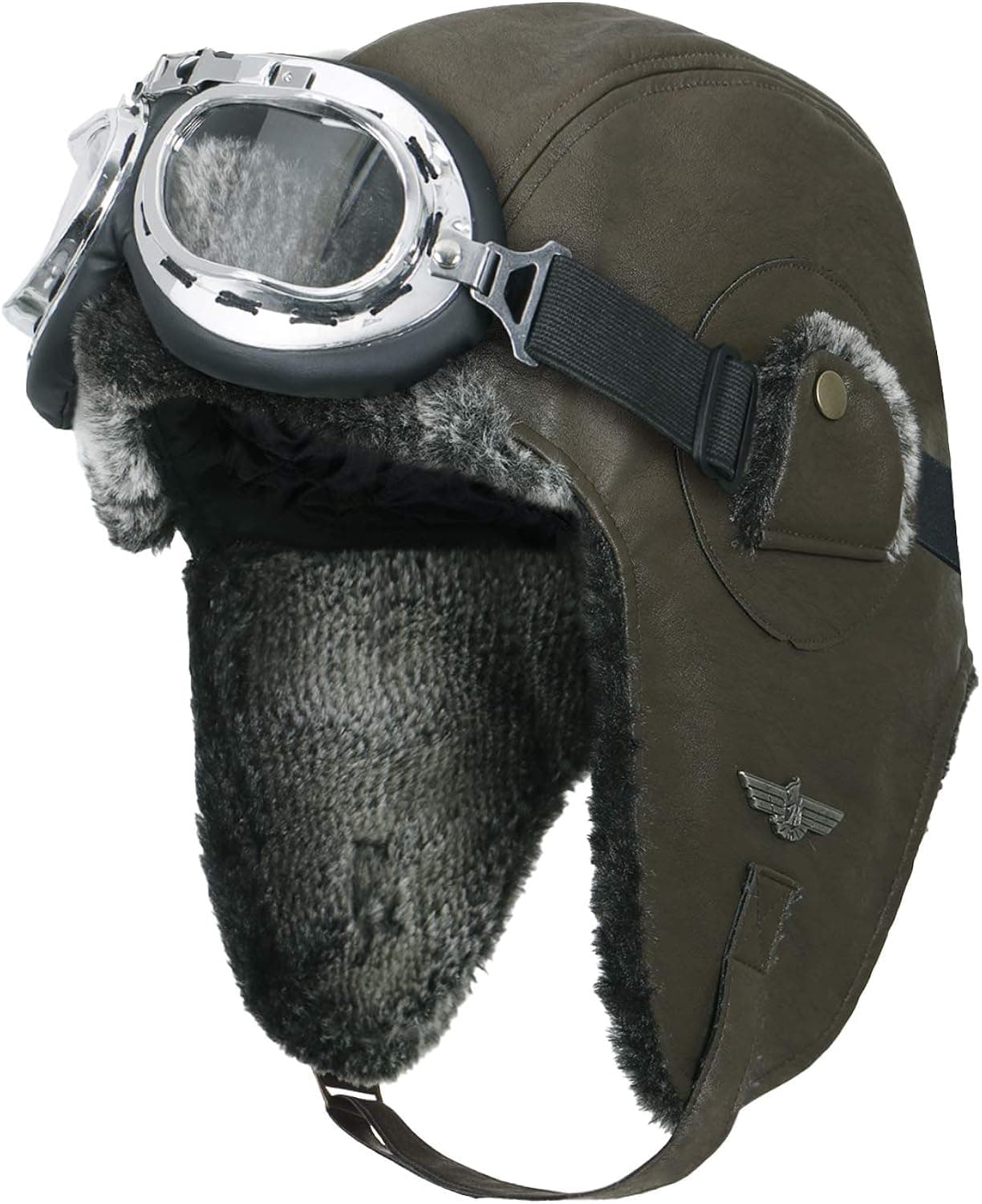 ililily Howels Faux Leather Aviator Trapper Trooper Faux Fur Ear Flaps Hat, Brown/Silver