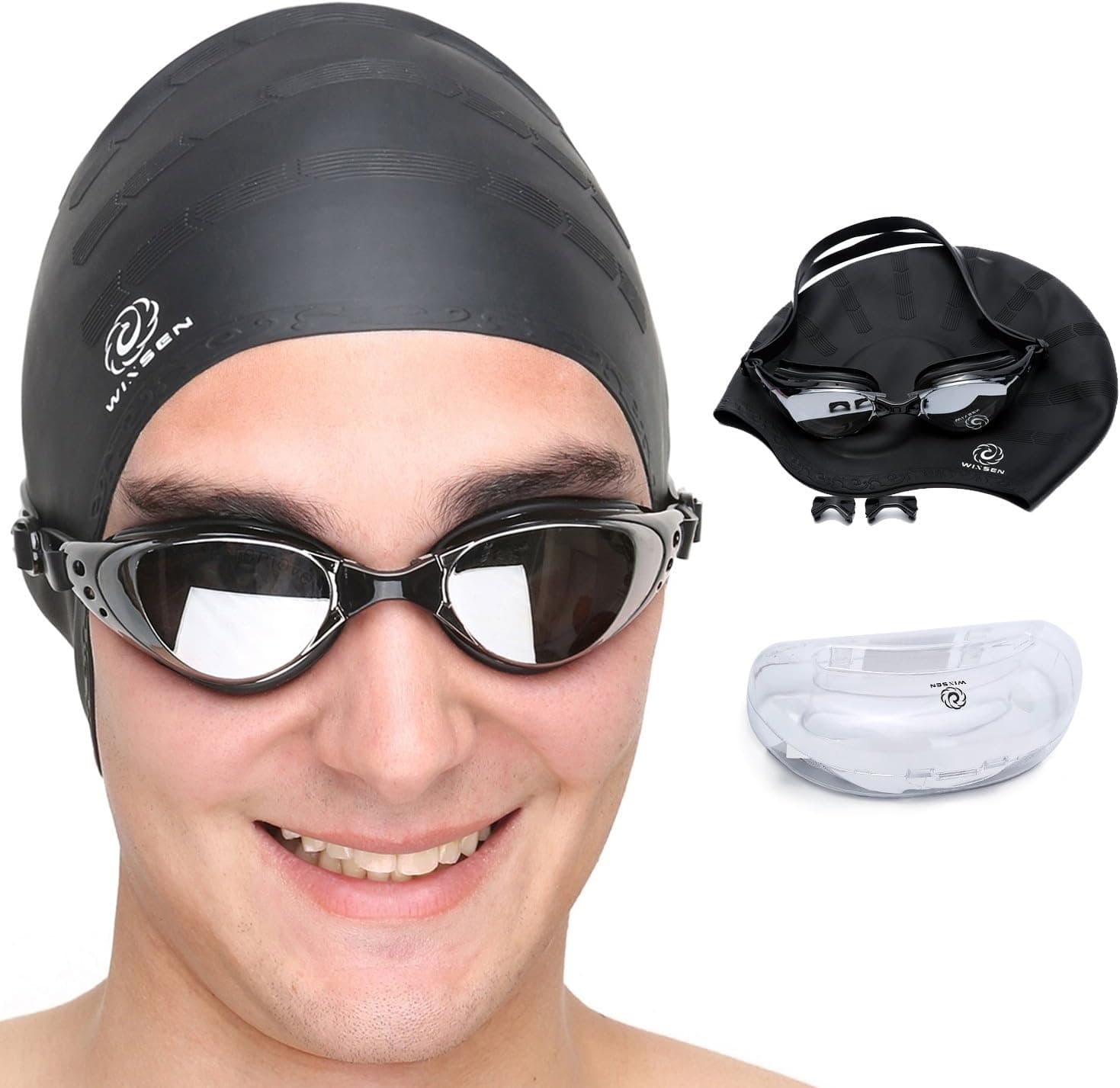 WINSEN Swimming Goggles,Swim Goggles Plus,100% U.V. Protection,Anti-Shatter, Anti-Fog, Coated Lenses+Premium Silicone Long Hair Swim Cap,Quick Adjusting Head Strap,Flexible Nose Bridge for Men Women