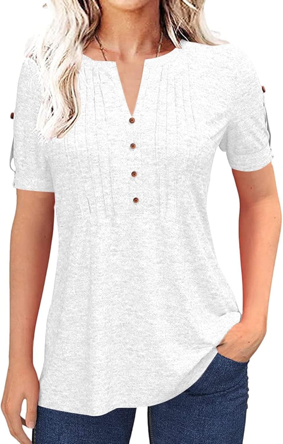 Grlasen Women's Zipper Summer Pleated Button Short Sleeve T-Shirt Summer V-Neck Solid Color Casual top