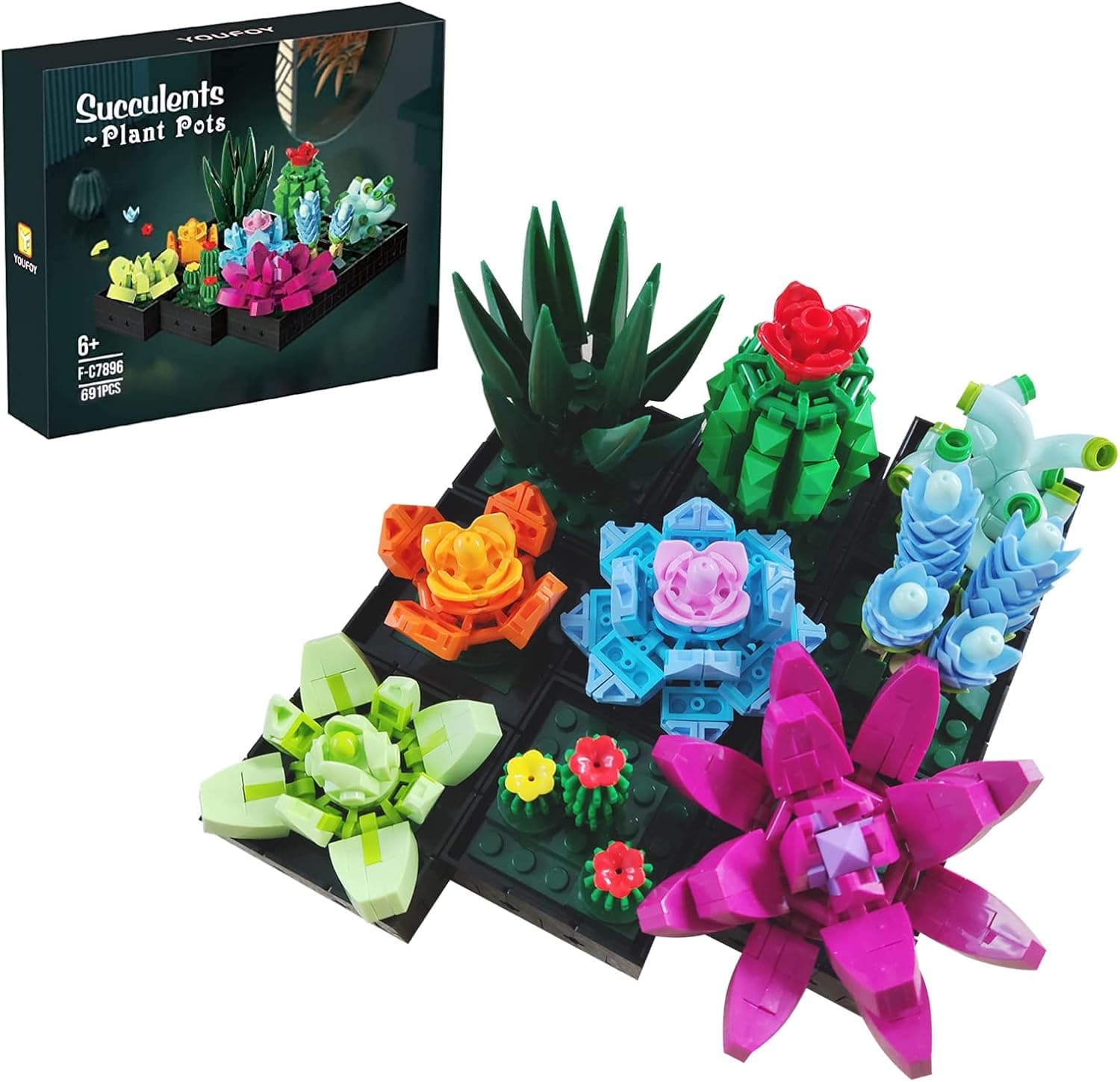 QMAN Creative Succulents Building Set, Artificial Plant Bricks Toy, 9 Pots Succulent Bonsai Home Office Decor, Suitable for People 17+ and Adults (691 Pcs)