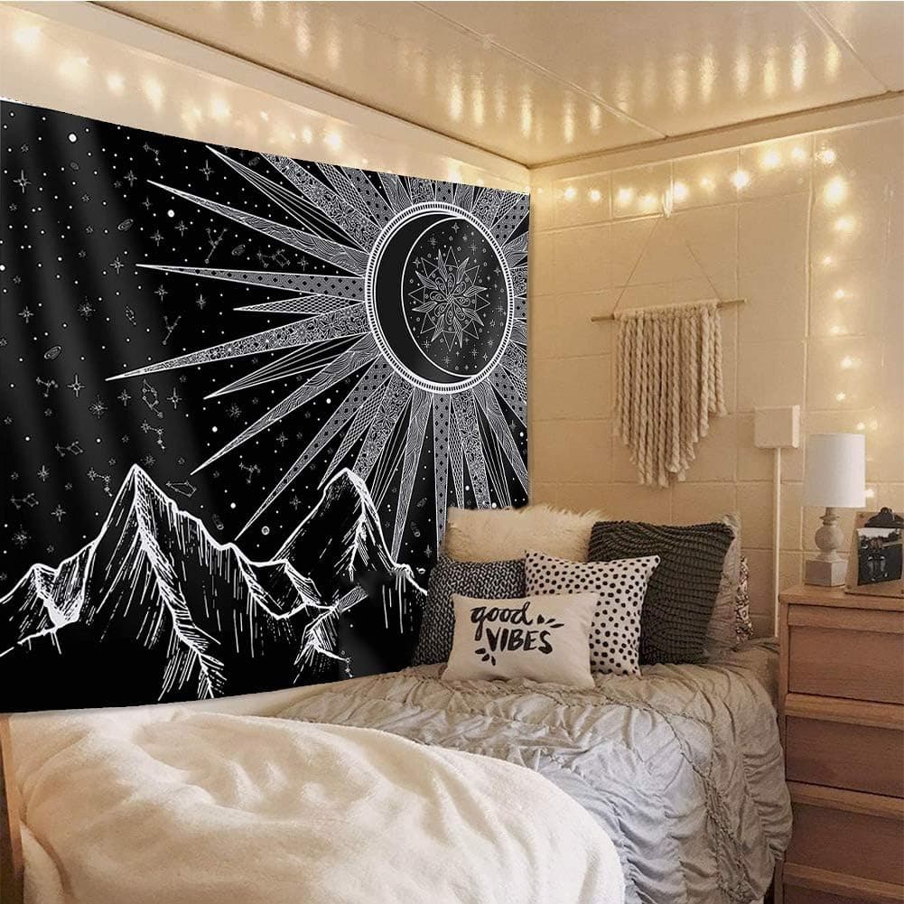 UPAiLGKK Sun Moon Tapestry Bohemian Mountain Tapestries for Bedroom Aesthetic Star Wall Hanging Psychedelic Black Mandala Indian Home Décor (59.1 x 78.7 inches)