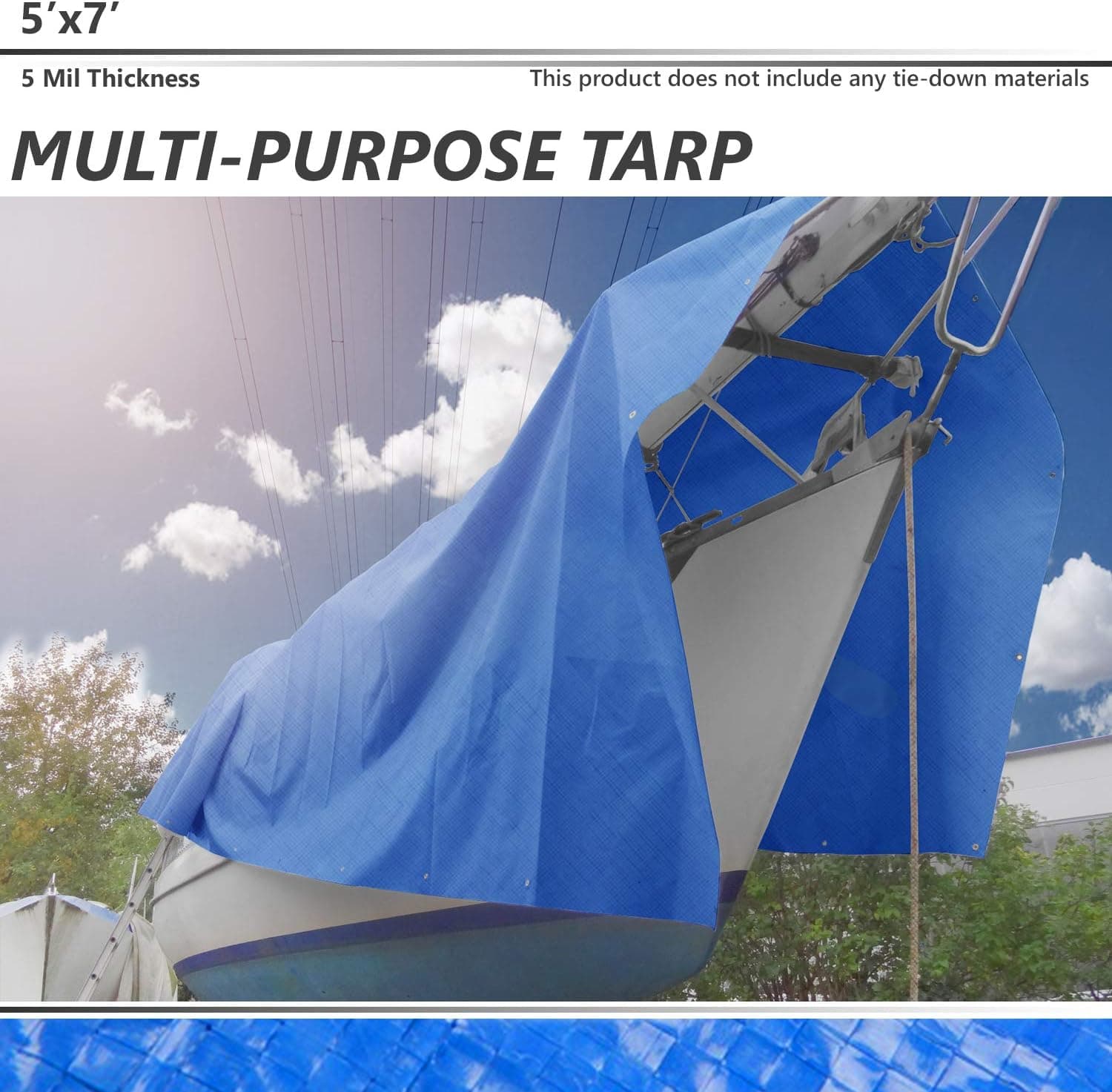 BOUYA 5' x 7' Tarp 5-mil Multi-Purpose Waterproof Reinforced Rip-Stop with Grommets, UV Resistant, for Tarpaulin Canopy Tent, Boat, RV or Pool Cover, Blue