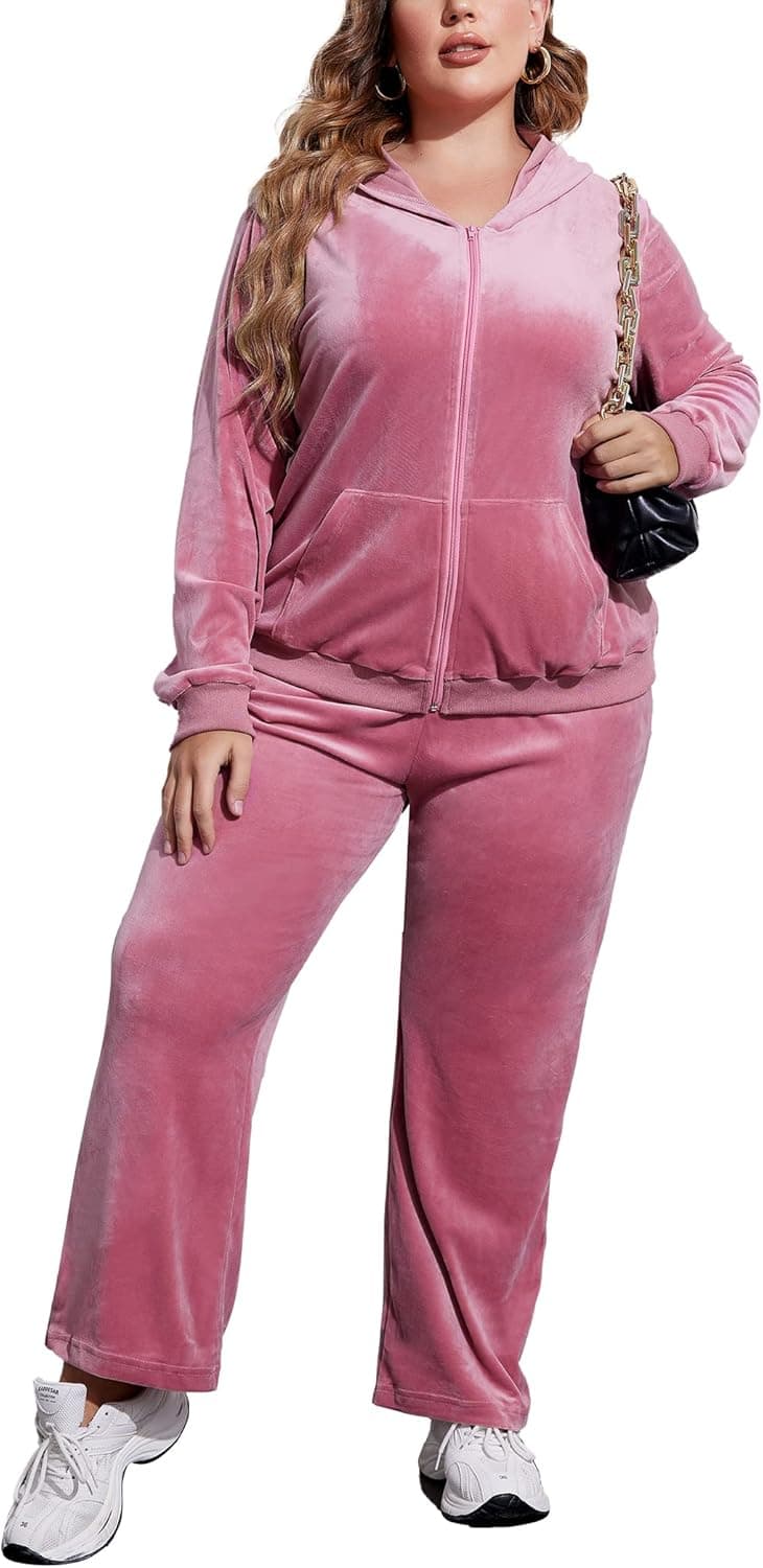 IN'VOLAND Women's Plus Size Velour Tracksuit Long Sleeve Sweatsuit 2 Piece Jogging Outfit Zip Up Hoodie With Pockets