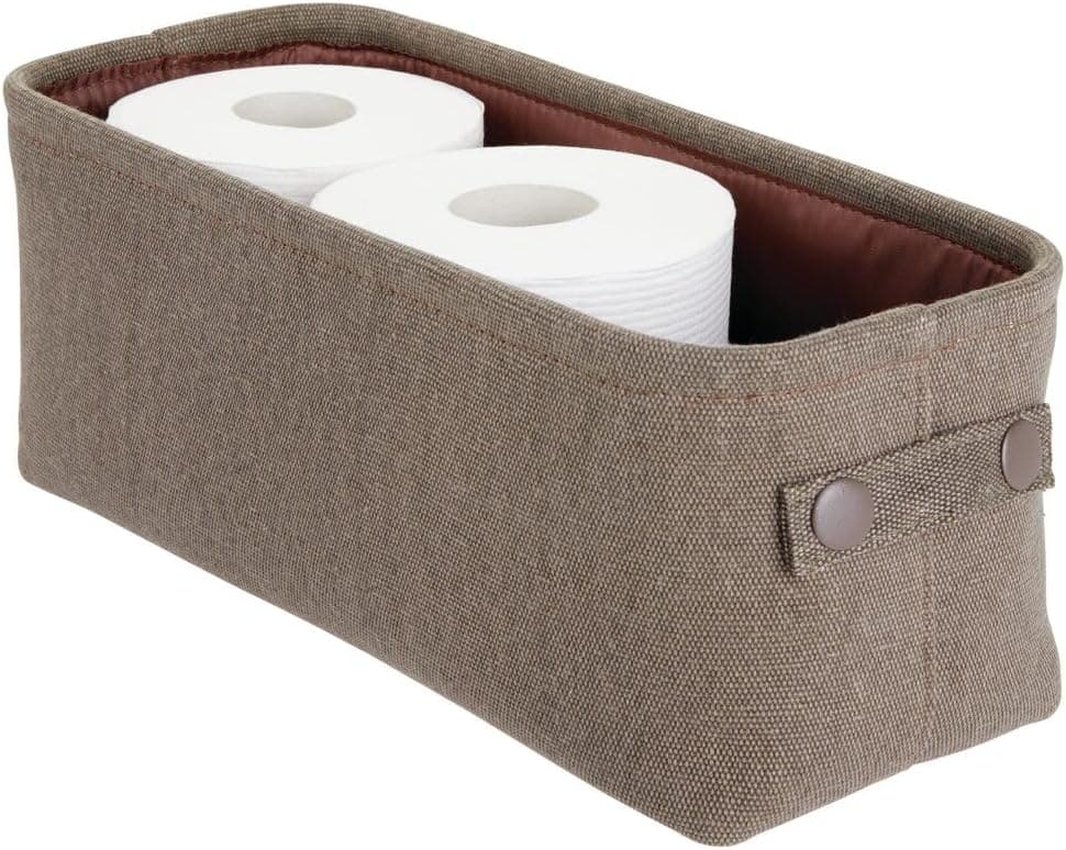 mDesign Narrow Fabric Storage Bin Basket with Handles for Bathroom Closet, Vanity, Cabinet, Cubby, Countertop, Small Slim Baskets for Towels, Toilet Tissue, Crane Collection - Espresso Brown