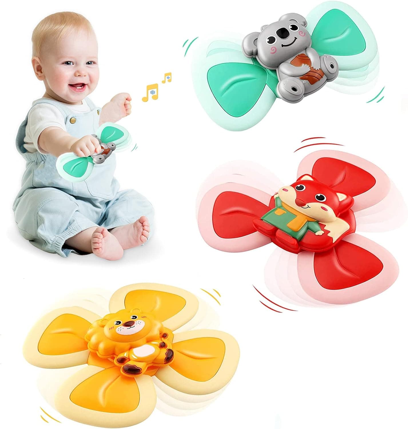 QWE Baby Bath Suction Cup Spinner Toy(3PCS),Animal Soft Silicone Spinning Top Toys,Early Learner and Sensory Stimulation Toys, for Bathroom Dining Table and Travel- Chew Safely