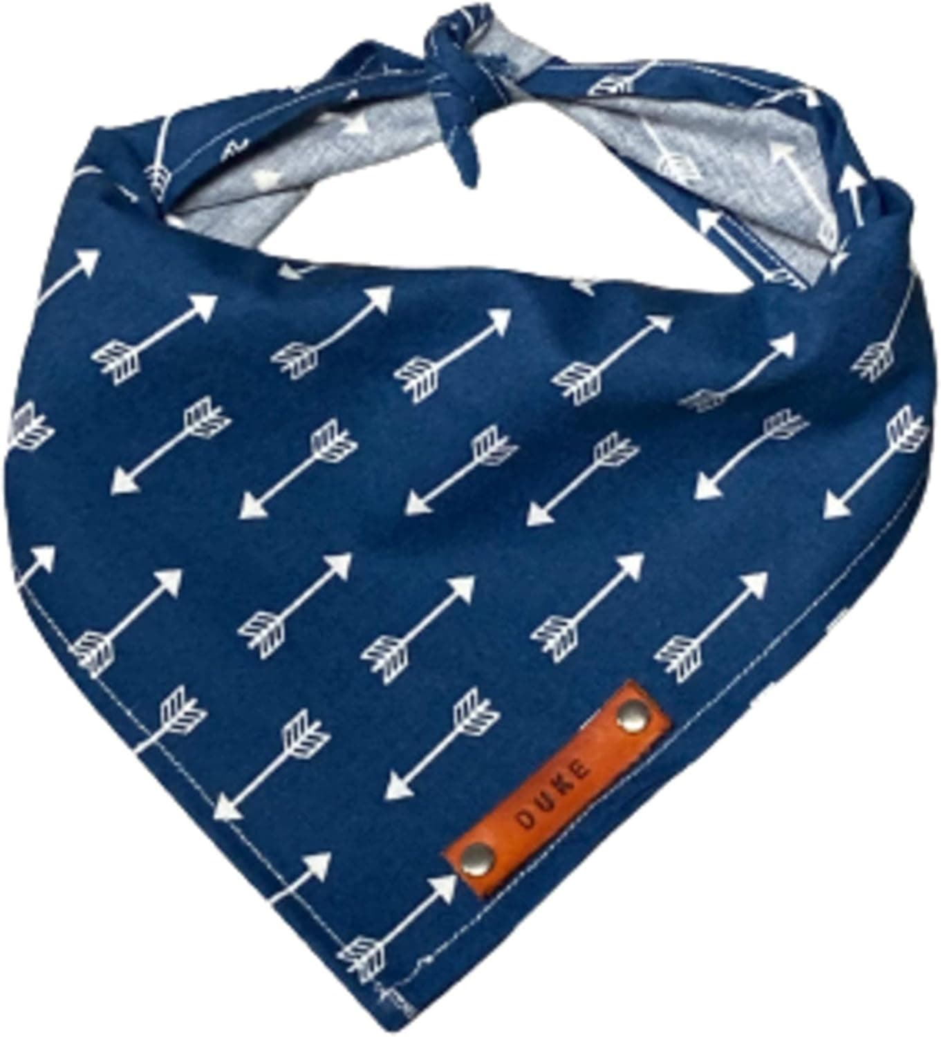 Pet Dog Bandana, Navy Blue with White Arrows, Leather Name Tag, Personalized Dog Pet Bandanas Name, Bandanas for Dogs (Sizes: XXSmall - XXLarge)