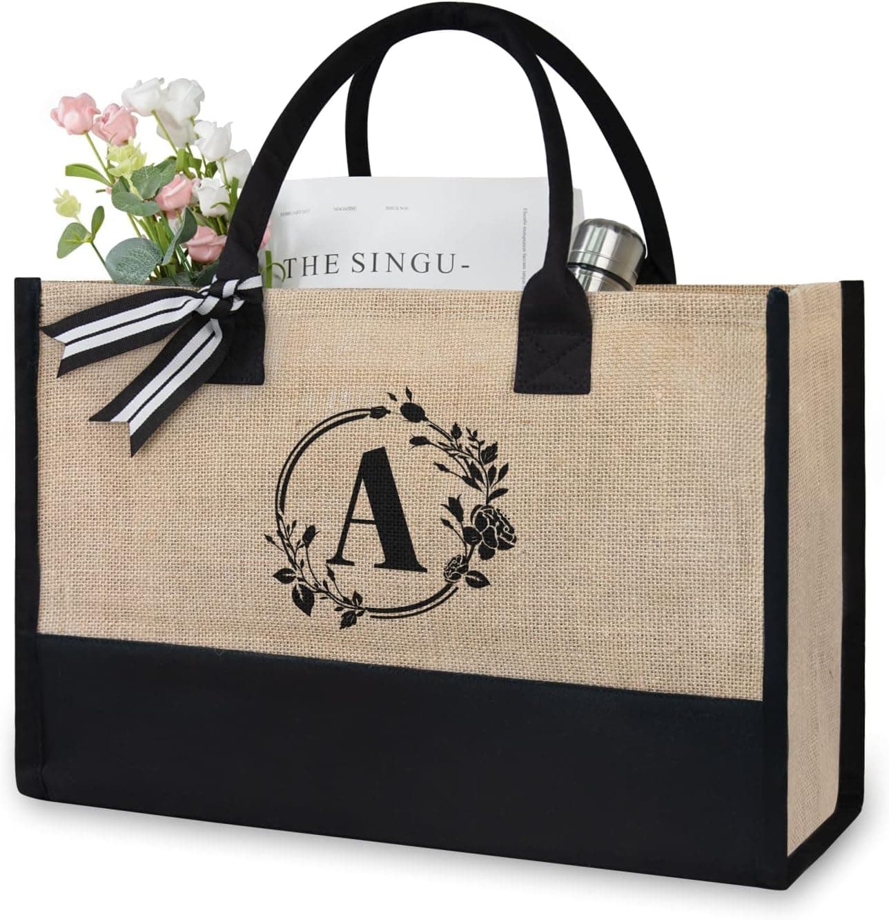 TOPDesign Initial Jute/Canvas Tote Bag, Personalized Present Bag, Suitable for Wedding, Birthday, Beach, Holiday, is a Great Gift for Women, Mom, Teachers, Friends, Bridesmaids (Letter A)