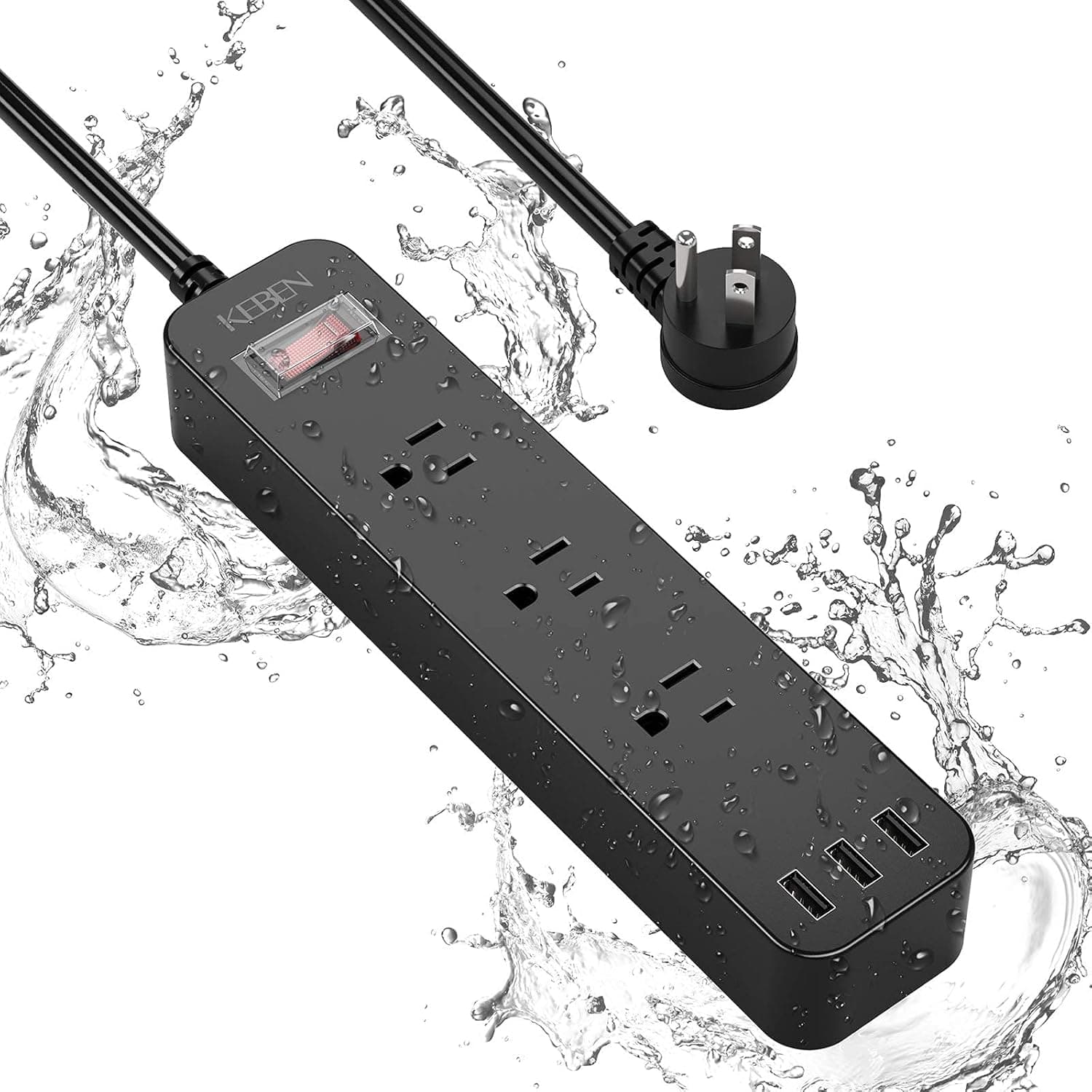 Weatherproof Power Strip with Surge Protector Outdoor, 6 ft Extension Cord with Switch Waterproof, 3 Wide Outlets Power Bar with 3 USB A Ports for Bedroom TV