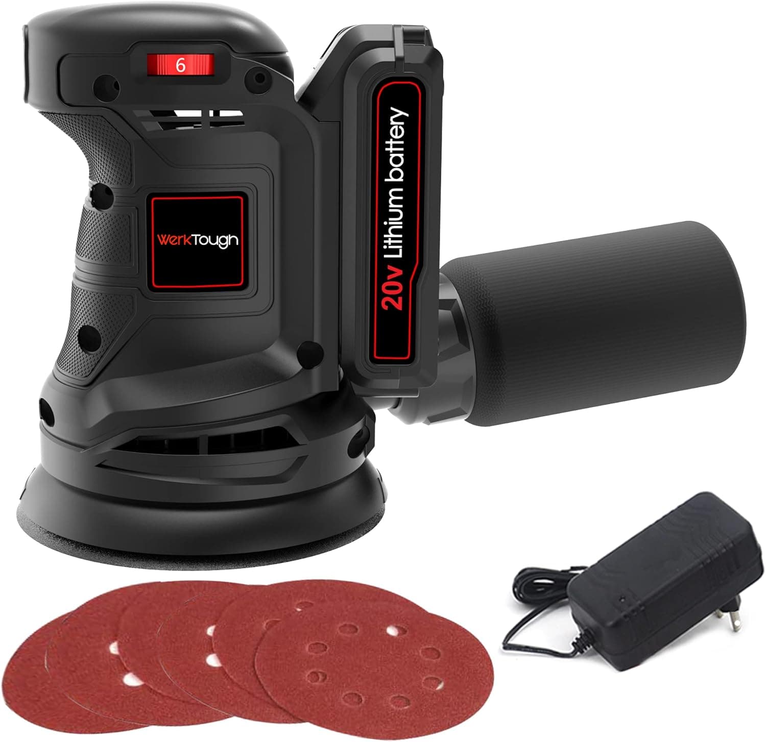 Powertough SA002 20v Cordless Random Orbital Sander 6-step Speed With 2.0A BatteryAnd Fast Charger 1pcs 125 Sander Wheel And 3pcs 125mm Sander Paper With Dust Bag