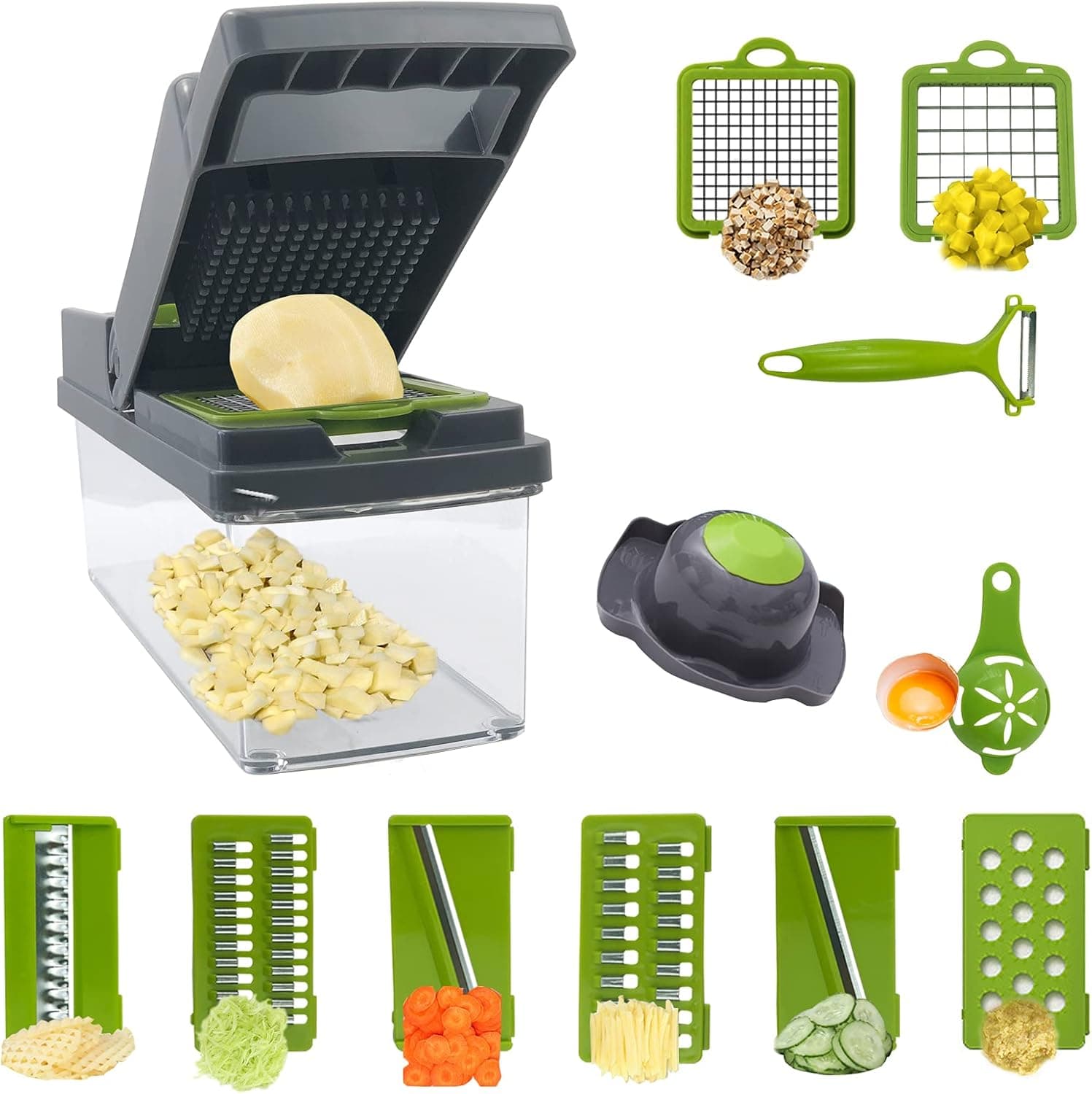 14-in-1 Vegetable Chopper Multifunctional Kitchen Onion Mincer Cutter Peeler Gadgets with Container and Drain Basket Vegetable Veggie Choppers and Dicers