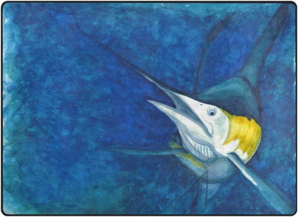 My Little Nest Underwater Ocean Marlin Design Area Rug 4' x 5'3" for Bedroom Dining Room Living Room Floor Mat Lightweight Carpet, Unique Anti Skid Indoor Outdoor Decor Soft Rug Carpets
