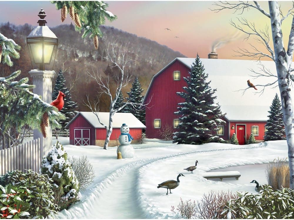 Bits and Pieces - 1000 Piece Jigsaw Puzzle - in The Still Light of Dawn - Snowy Barn with Birds, Winter Landscape Puzzle - by Artist Alan Giana - 1000 pc Jigsaw