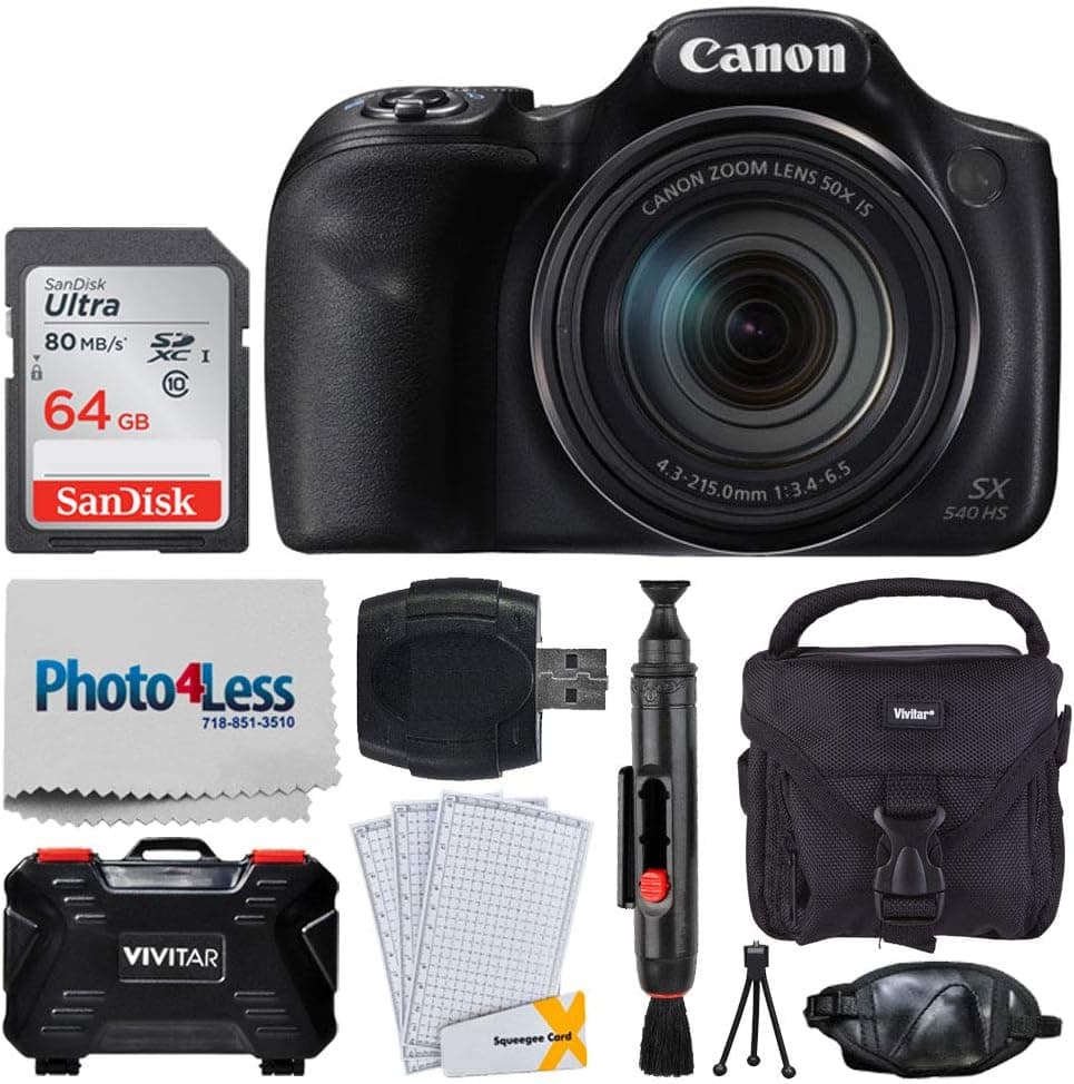 Canon PowerShot SX540 HS Digital Camera + 64GB Memory Card + Camera Case + USB Card Reader + Vivitar Memory Hard Case (24 Slots) + Hand Grip + Complete Accessory Bundle