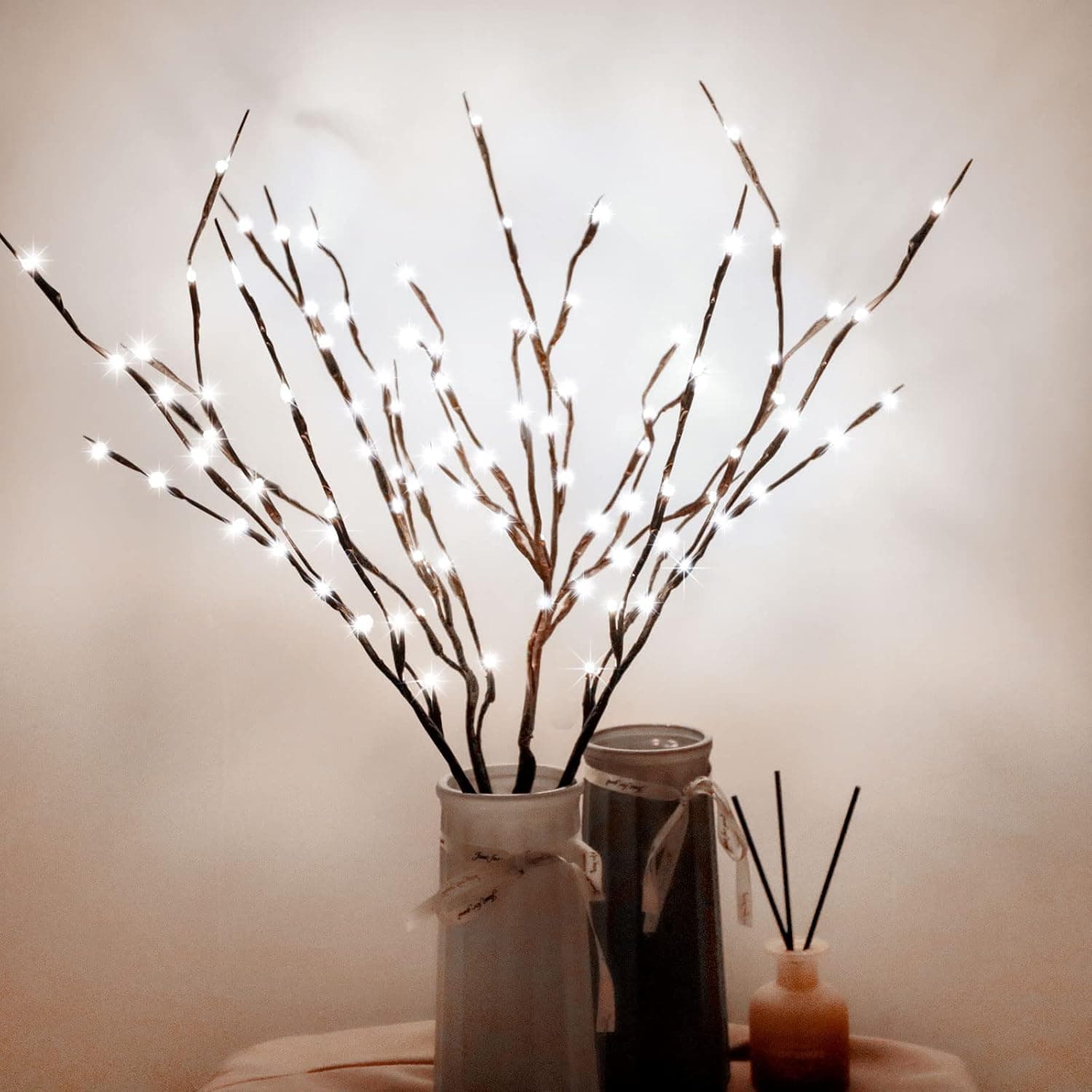 DK177 4 Pack Led Branch Light Battery Operated Lighted Branch Vase Filler Willow Tree Artificial Little Twig Power Brown 30 Inch 20 LED for Home Romantic Decoration, White
