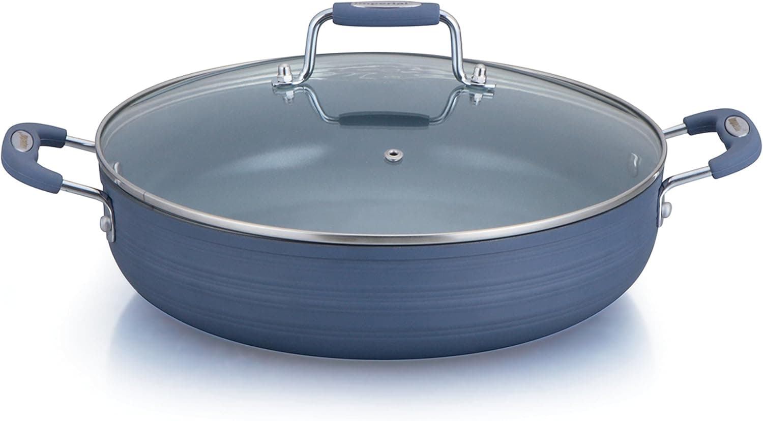 Danico 12" Ceramic Fry Pan With 2 Side Handles & Glass Lid, Matt Blue