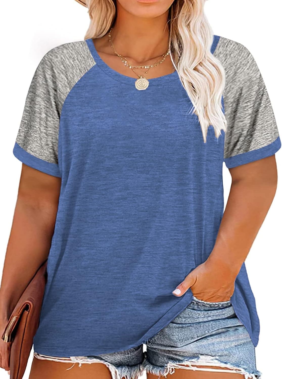 ROSRISS Plus Size Tops for Women Summer Raglan Color Block T Shirts Short Sleeve Loose Fit Tee