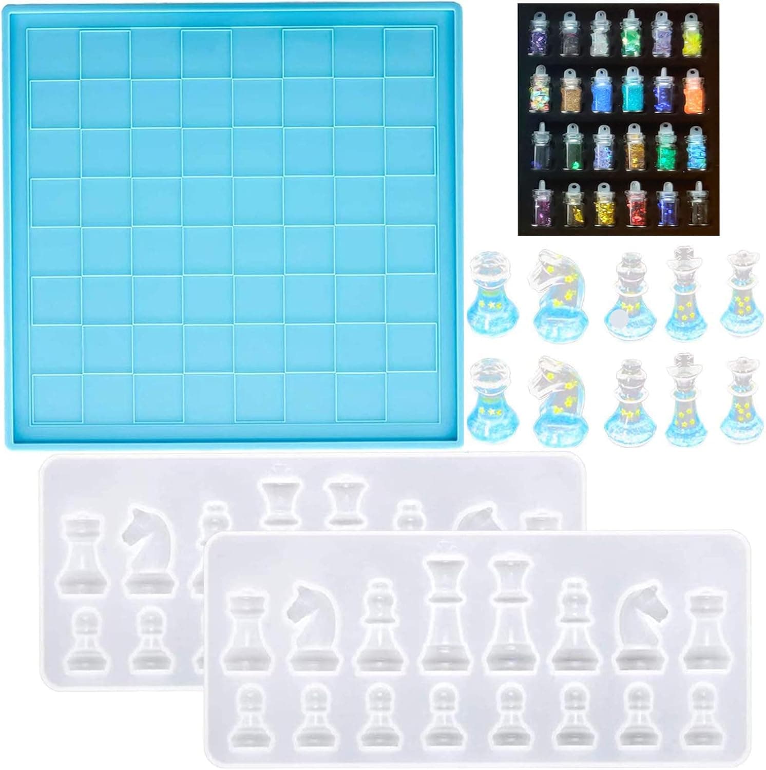 JHGCVX 4Pcs Chess Board Resin Mold Set, 2 Pcs 3D Chess Pieces Silicone Mold, 1 Pcs 3D Chess Board Epoxy Casting Mold and 24 Pcs Decoration Sequins