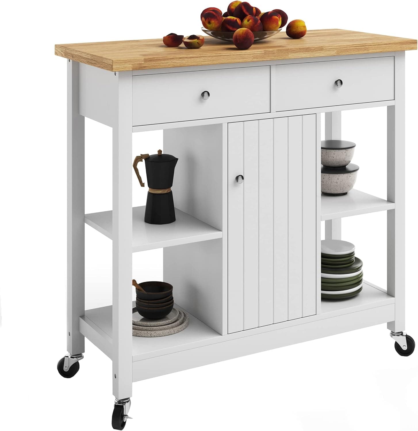 Lavish Home Kitchen Island with Drawers – Rolling Cart with Locking Casters – Use as Coffee Bar, Microwave Stand, or Shelves for Storage (White)