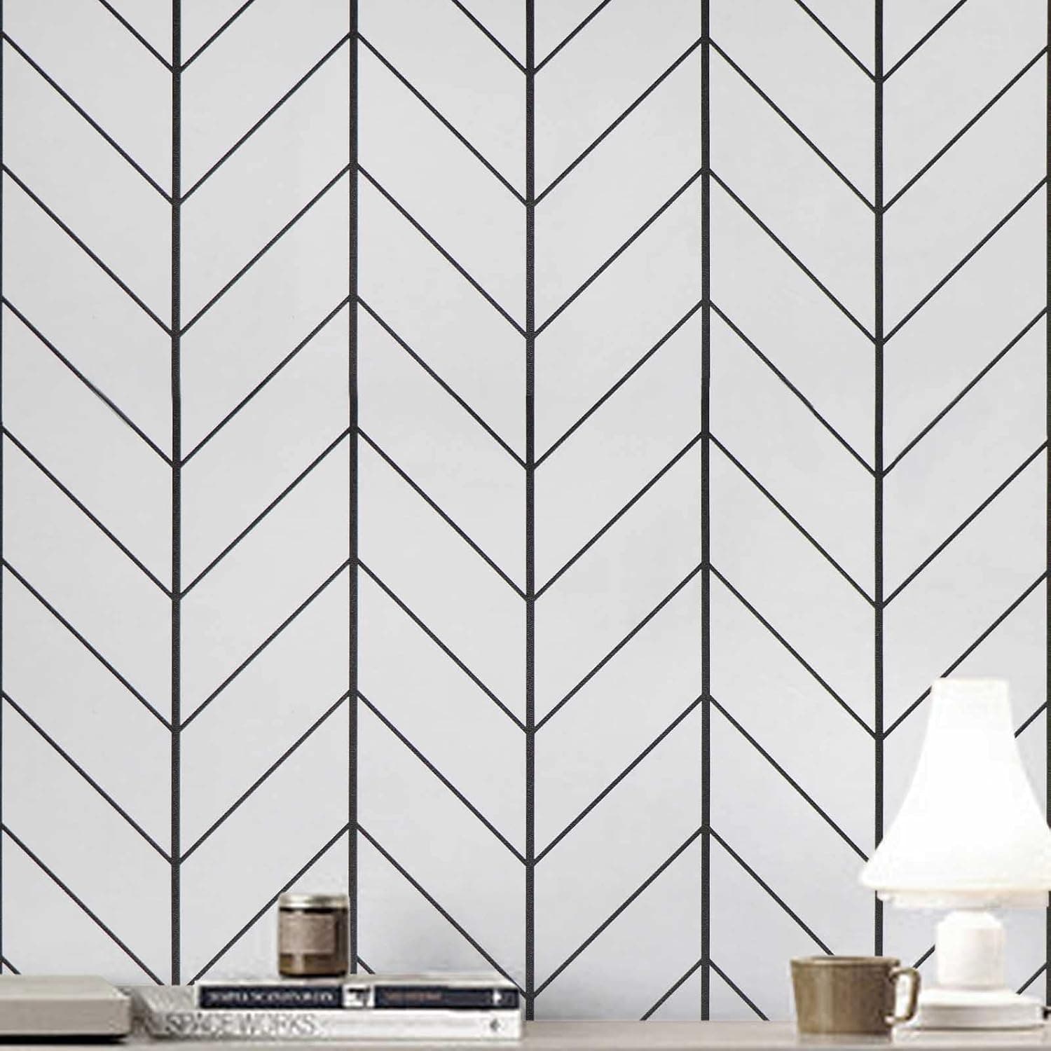 Black and White Peel and Stick Wallpaper Herringbone for Bathroom 17.7in X 118in Modern Geometric Removable Wall Paper Sticker Pull and Stick Self Adhesive Wallpaper Line Up Easily for Home Decoration