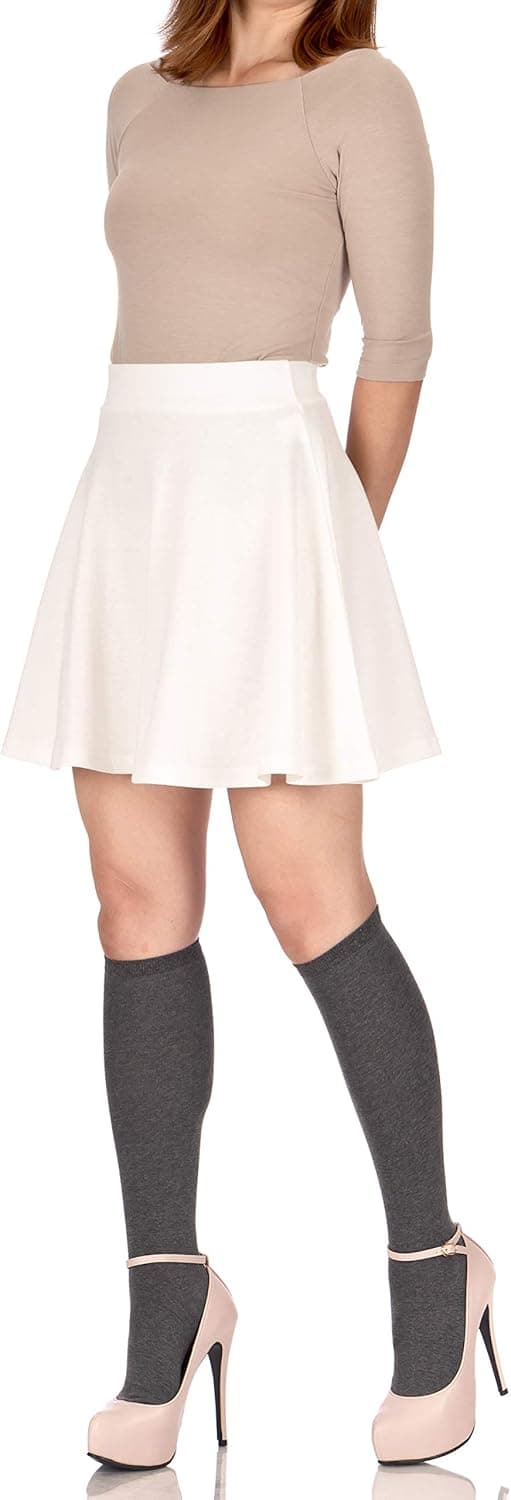 Basic Solid Stretchy Cotton High Waist A-line Flared Skater Mini Skirt (S, Ivory White)