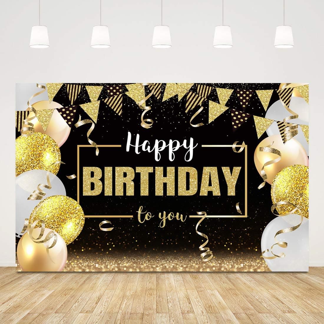 Happy Birthday Backdrop for Adult Party Black and Gold Shiny Birthday Background 5x3ft Glitter Dots Balloons Banner Birthday Party Backdrop for Women Men Cake Table Decorations Birthday Photo Props