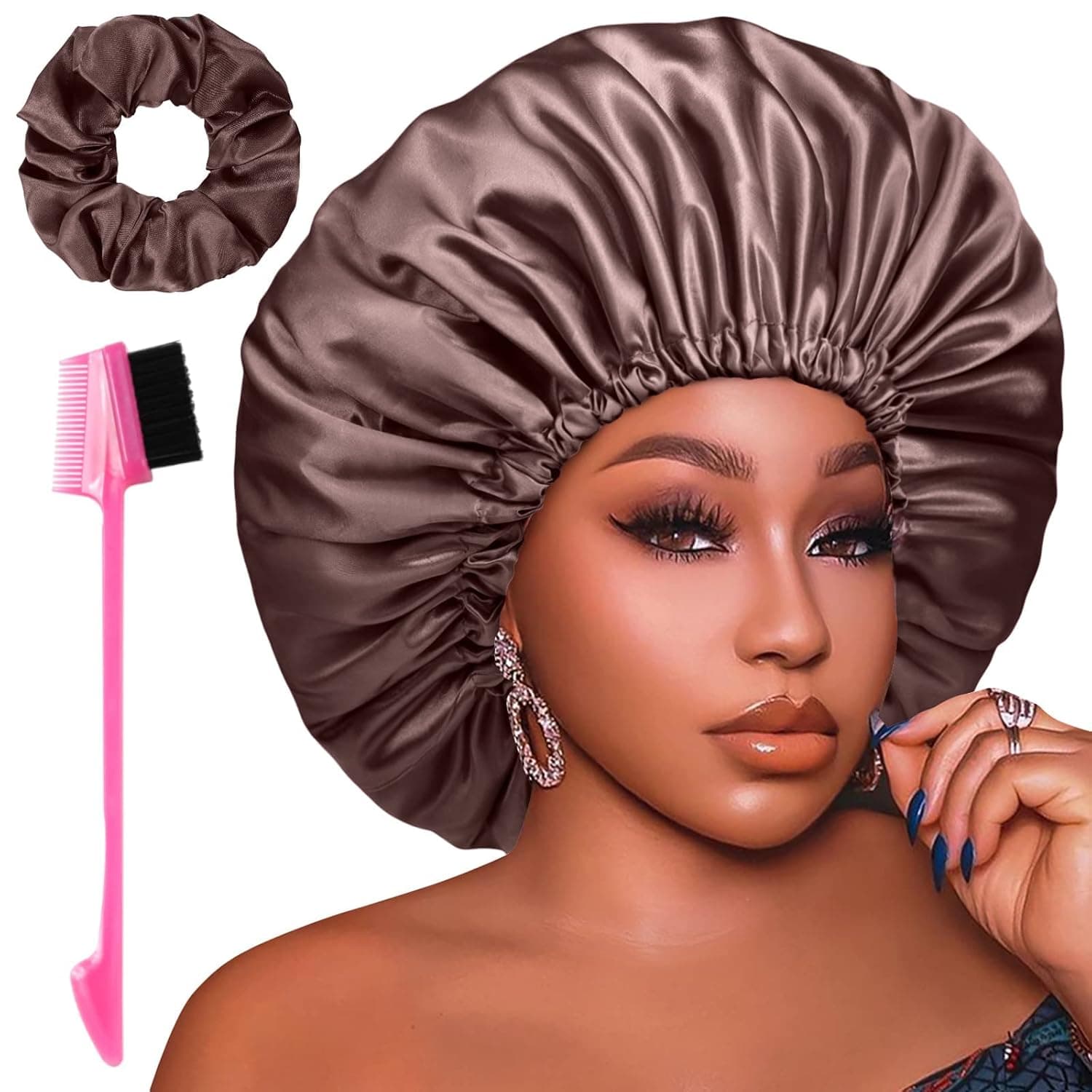 Satin Bonnet Silk Hair Cap: Double Layer Reversible Extra Large Jumbo Adjustable Satin Lined Stainless Oversized Bonnets Sleep Night Cap No Slip-Off for Women Braids Sleeping (Coffee)