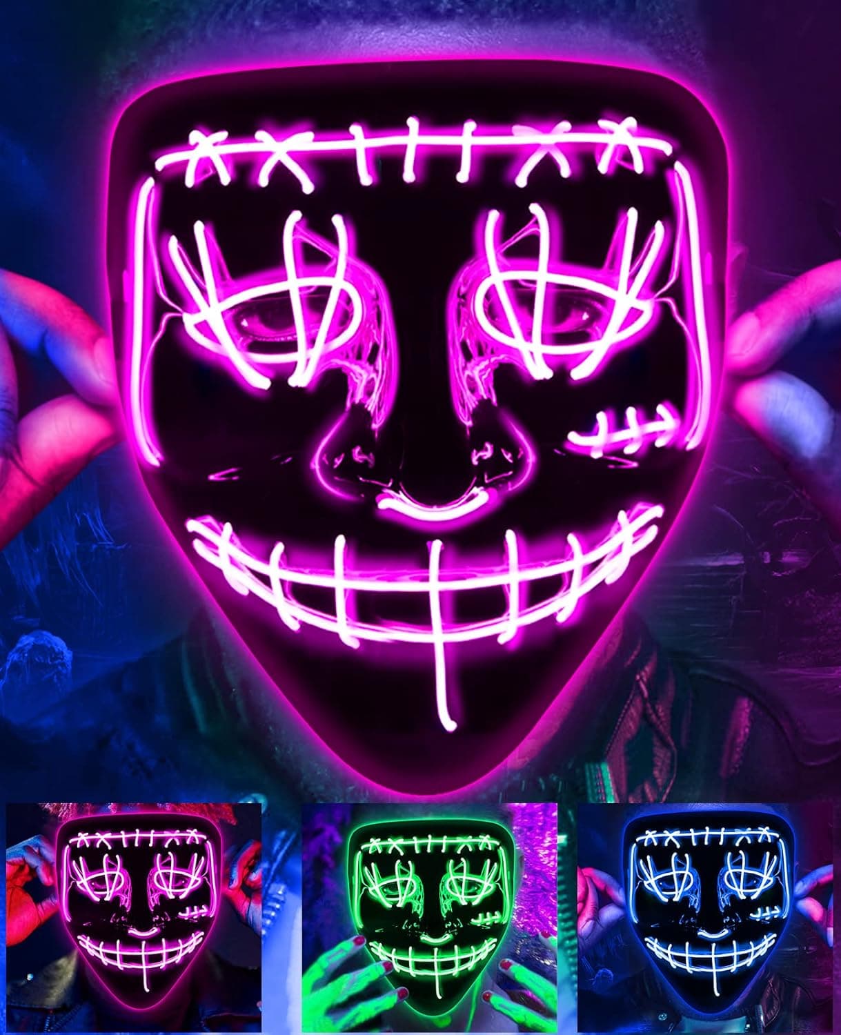 Dodosky LED Scary Mask, LED Halloween Mask LED Light Up Mask Purge Mask LED Cosplay Costume Mask Halloween LED Mask - Purple