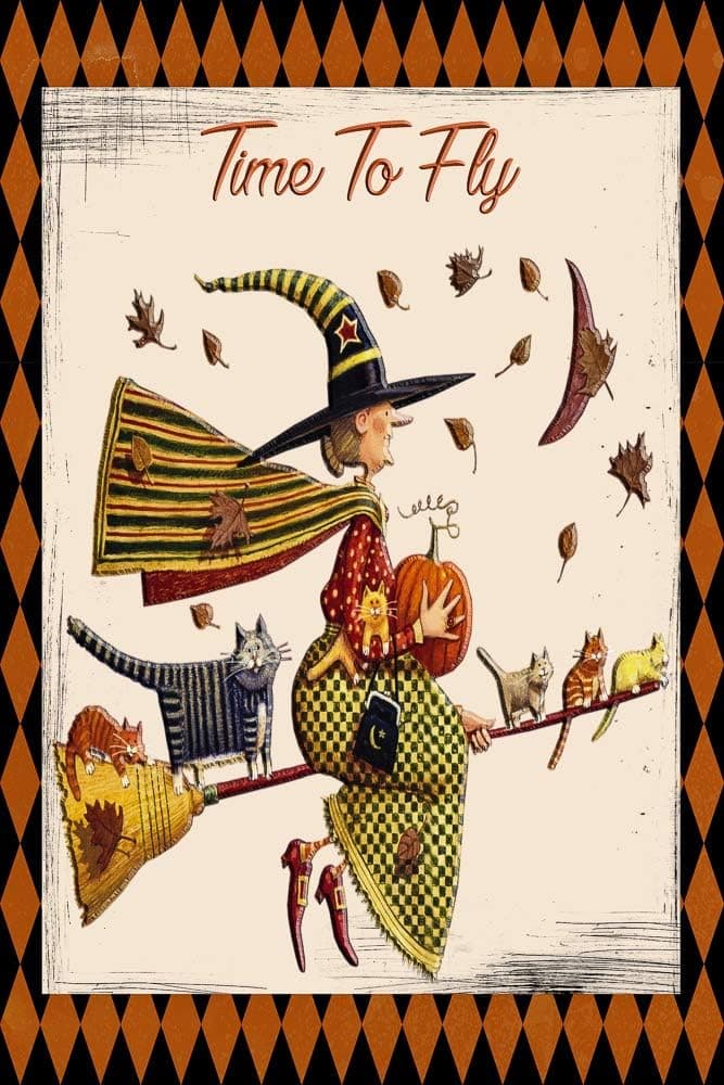 Time to Fly Halloween Wicked Witch on Broom Decorative Garden Flag, Double Sided, 12" x 18" Inches, Cats Pumpkin Sign Banner