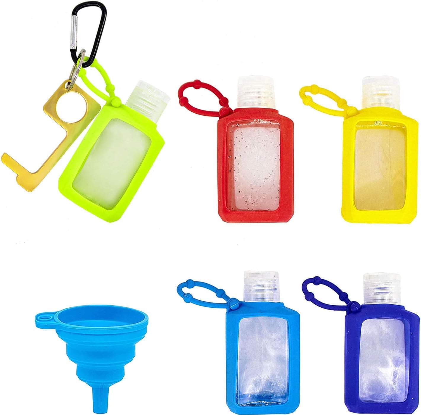 Rovvy 5 Pack Silicone Hand Sanitizer Keychain Holder with Door Opener Tool and 60 ml/ 2 oz Empty Clear Travel Size Flip Cap Reusable Bottles for Soap,Lotion,and Liquid