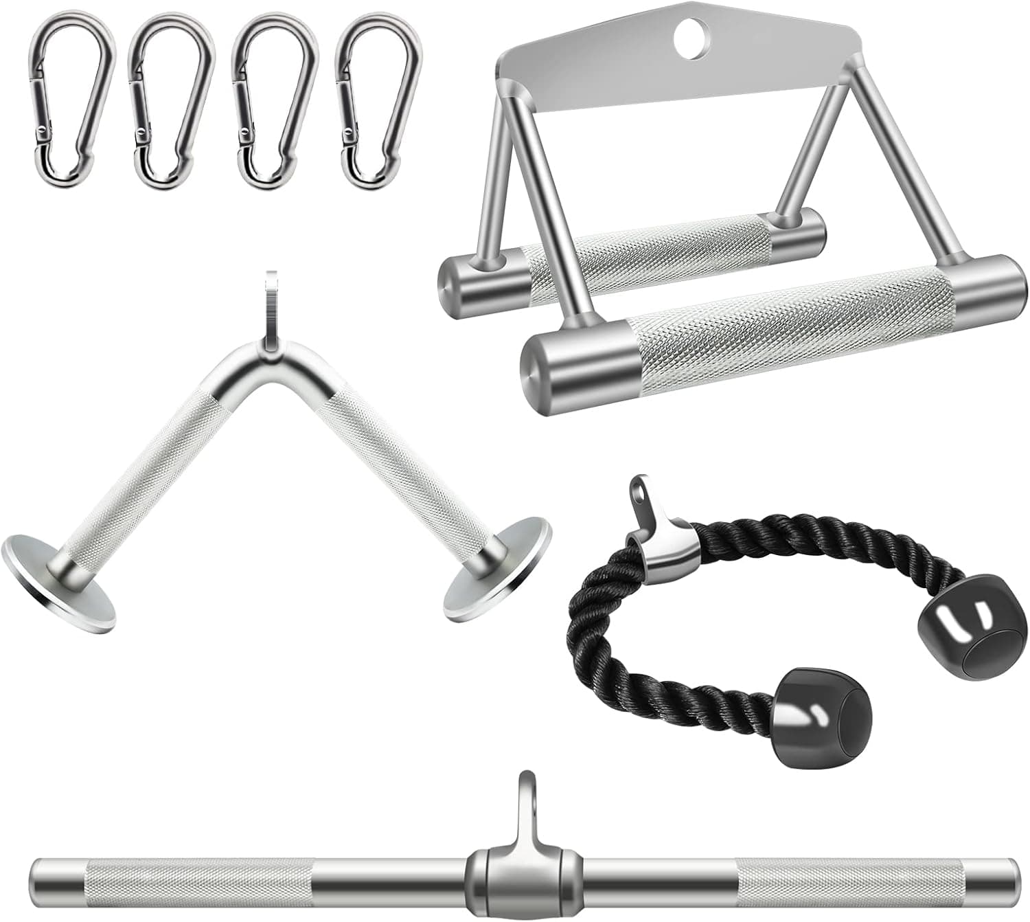 Cable Machine Attachments, Pull Down Accessories, V-Shaped Bar, Tricep Rope, Rotating Straight Bar, Double D Handle, Pulley Tricep Press Down Body Solid Cable Attachments Exercise Set (Silver)