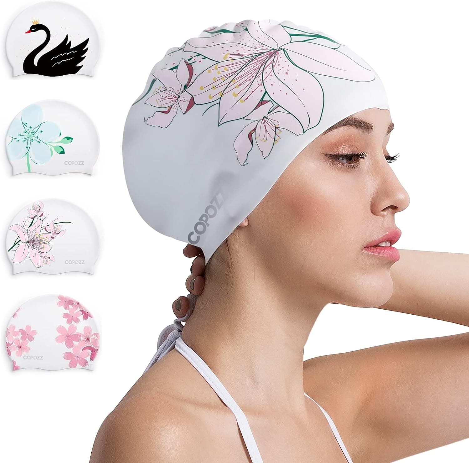 Copozz Silicone Swim Cap for Women, Protecting Hair and Ears, Suitable for Women with Long Hair to Keep Hair Dry