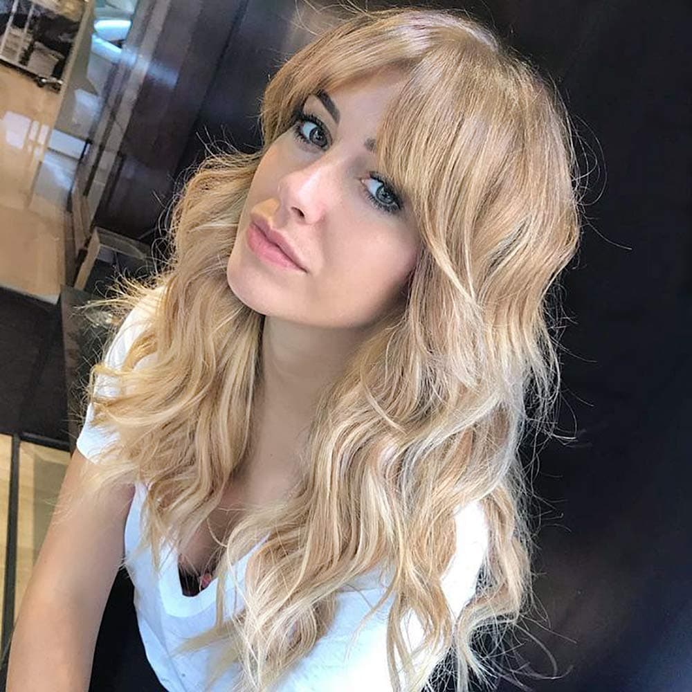 Blonde Wigs with Bangs Long Wavy Ash Blonde Synthetic Wig Middle length Curly Wave Wigs for Women Natural Looking Wig for Daily Party Use 20”