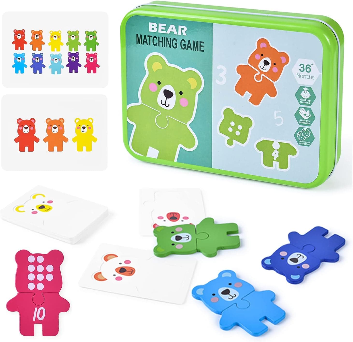 Wooden Number Matching Puzzle Game, Rainbow Counting Bears with Flash Cards, Gift for Preschool Kids (Bear)