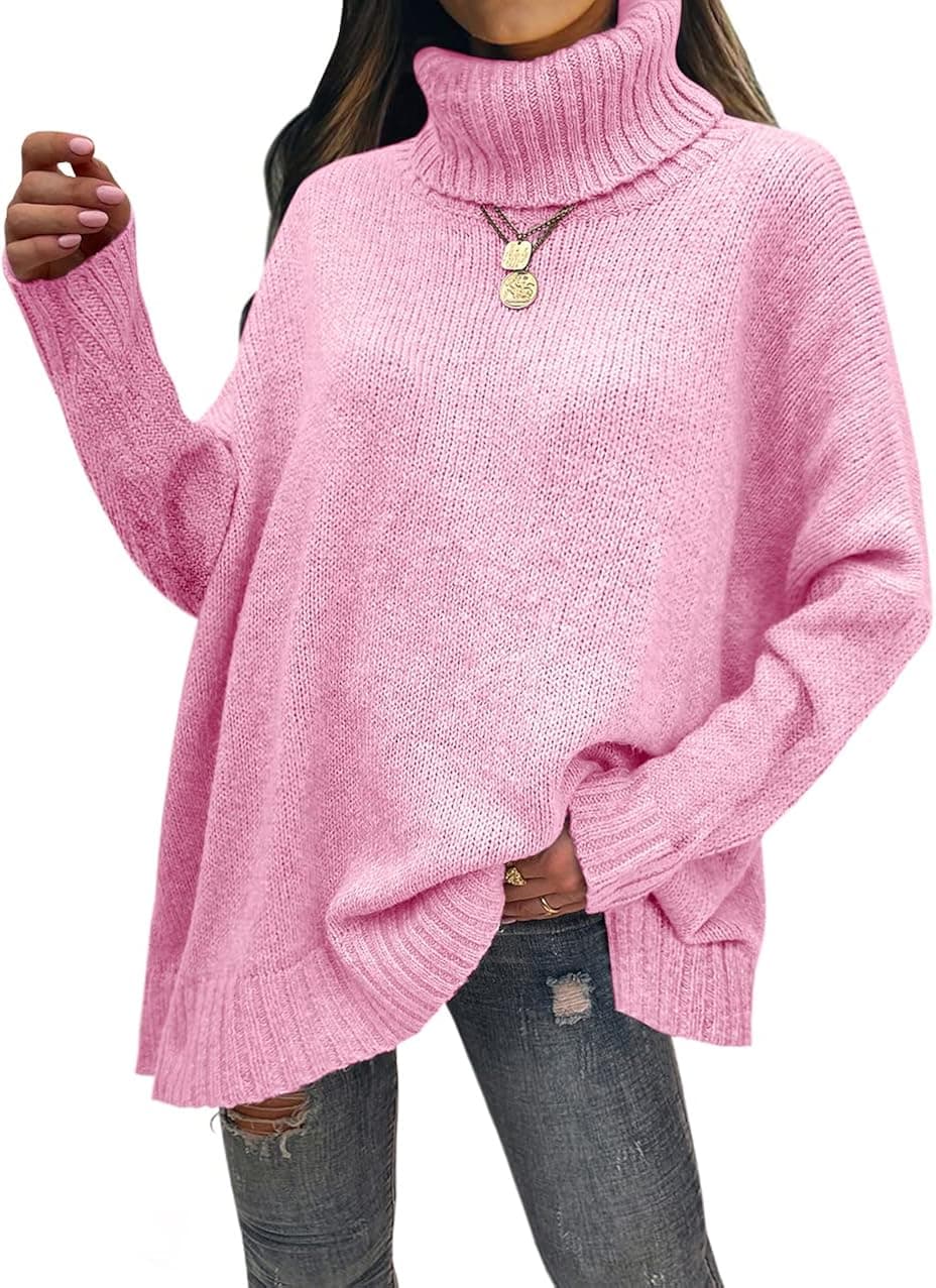 Womens Turtleneck Sweaters Long Sleeve Pullover Oversized Knit Sweater Side Split Loose Slouchy Soft Jumper Tops