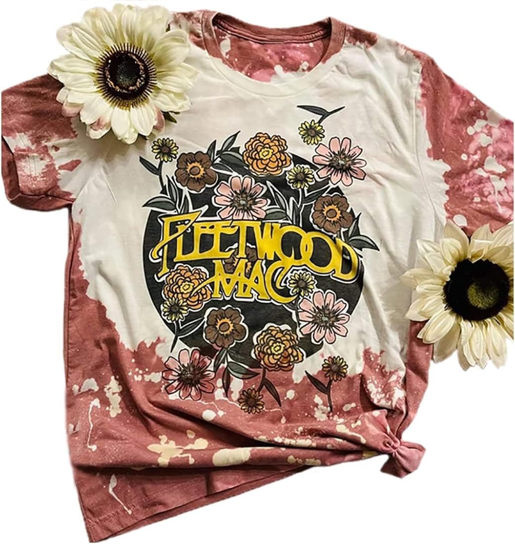Vintage Bleached Rock Band T-Shirt Women Retro Graphic Rock Music Tees Summer Cute Short Sleeve Concert Shirt Tops
