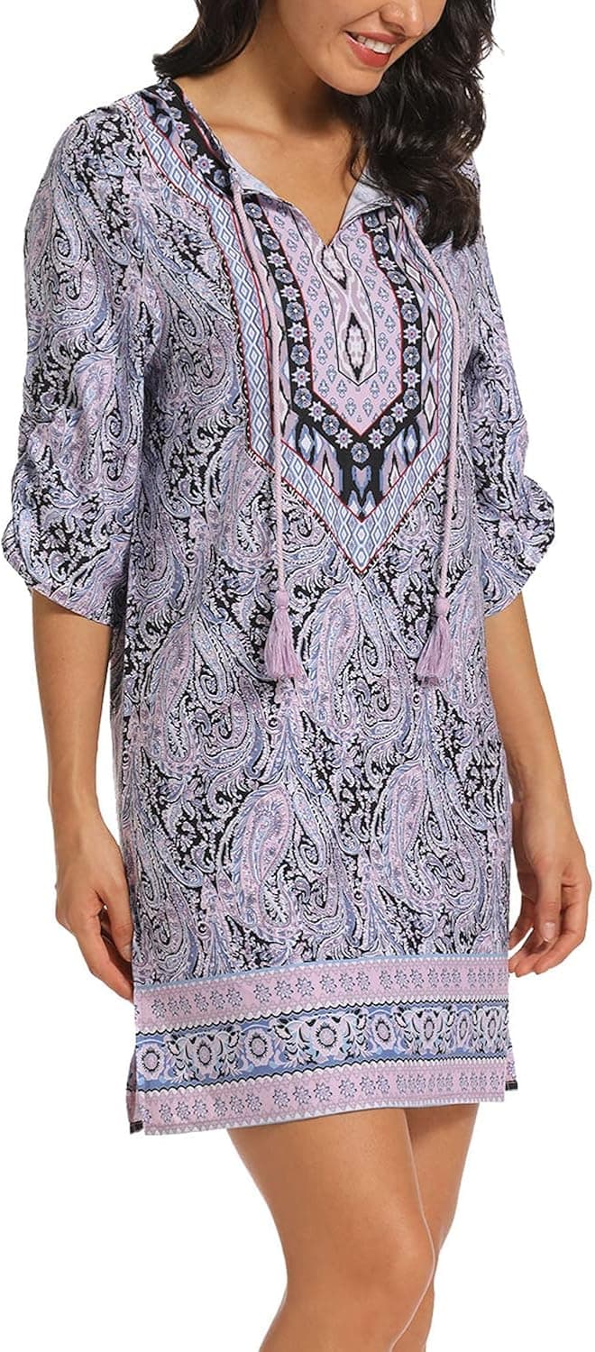 Women Bohemian Neck Tie Vintage Printed Ethnic Style Summer Shift Dress