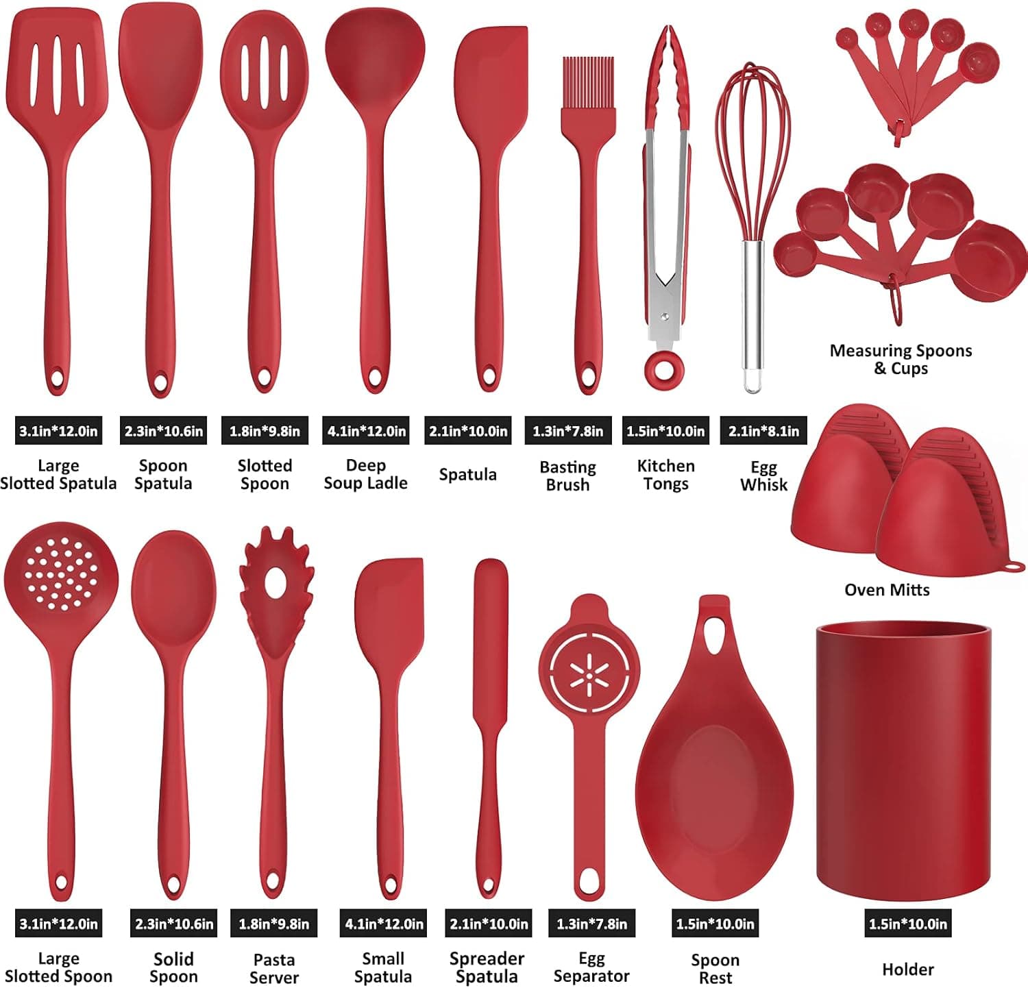 Silicone Cooking Utensils Set, 28Pcs Non-Stick Heat Resistant Kitchen Utensils Spatula Set for Baking, Cooking, and Mixing, Best Kitchen Gadgets Tools, One Piece Design (Red)