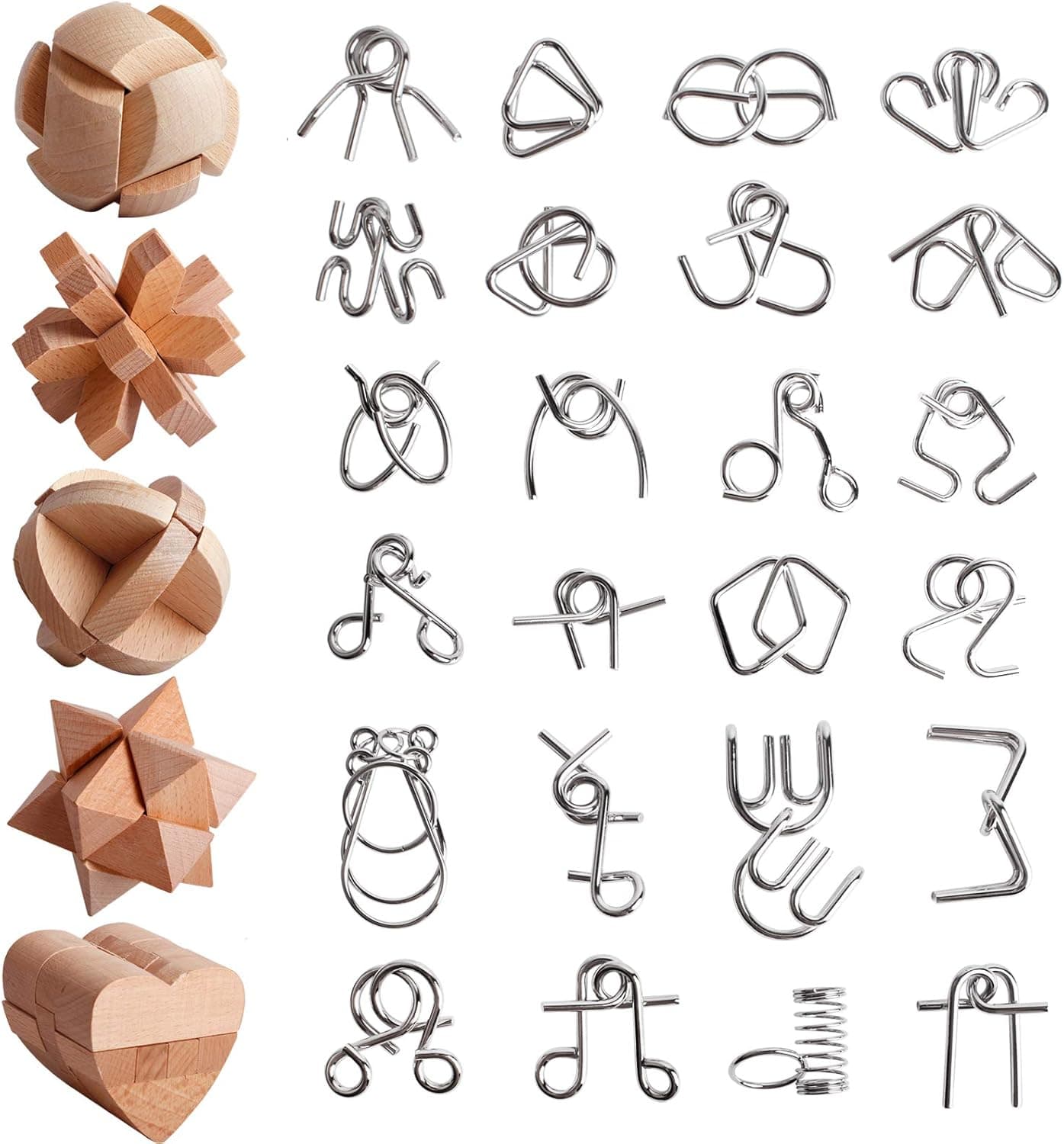29 PCs Wooden Metal Luban Lock Puzzle Toy Wire Steel Brain Teaser Games for Youngsters Adults Educational Montessori STEM IQ Logic Test Developing 3D Cast Durable Educational Toys Table Activity
